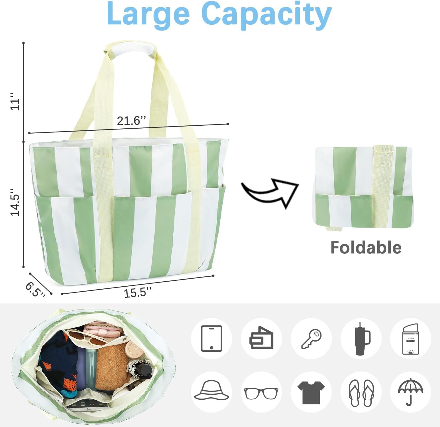 image:imageFammart Mesh Beach Bag for Women Large Beach Toy Pool Bag with Zipper Pocket SandProof Cruise Essentials 2026 Family TravelWaterproof Sandproof Green Strips