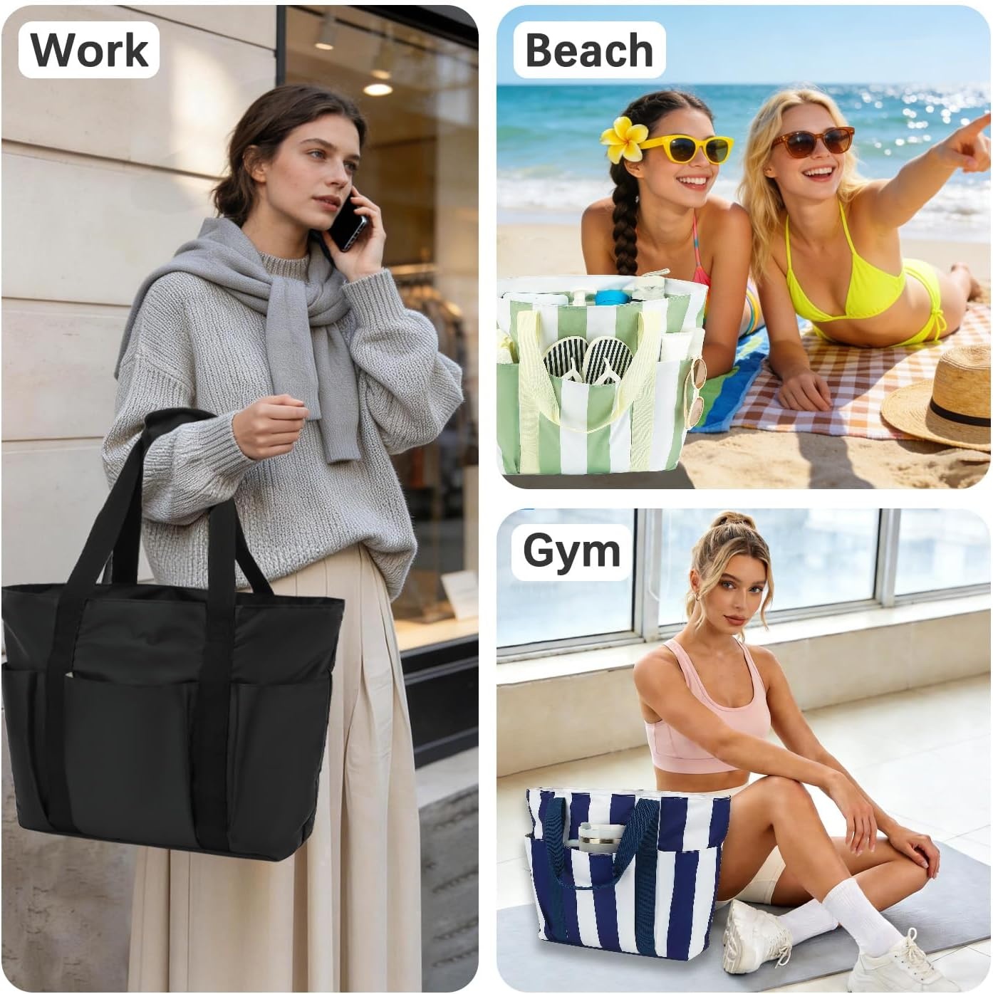 image:imageFammart Mesh Beach Bag for Women Large Beach Toy Pool Bag with Zipper Pocket SandProof Cruise Essentials 2026 Family TravelWaterproof Sandproof Green Strips
