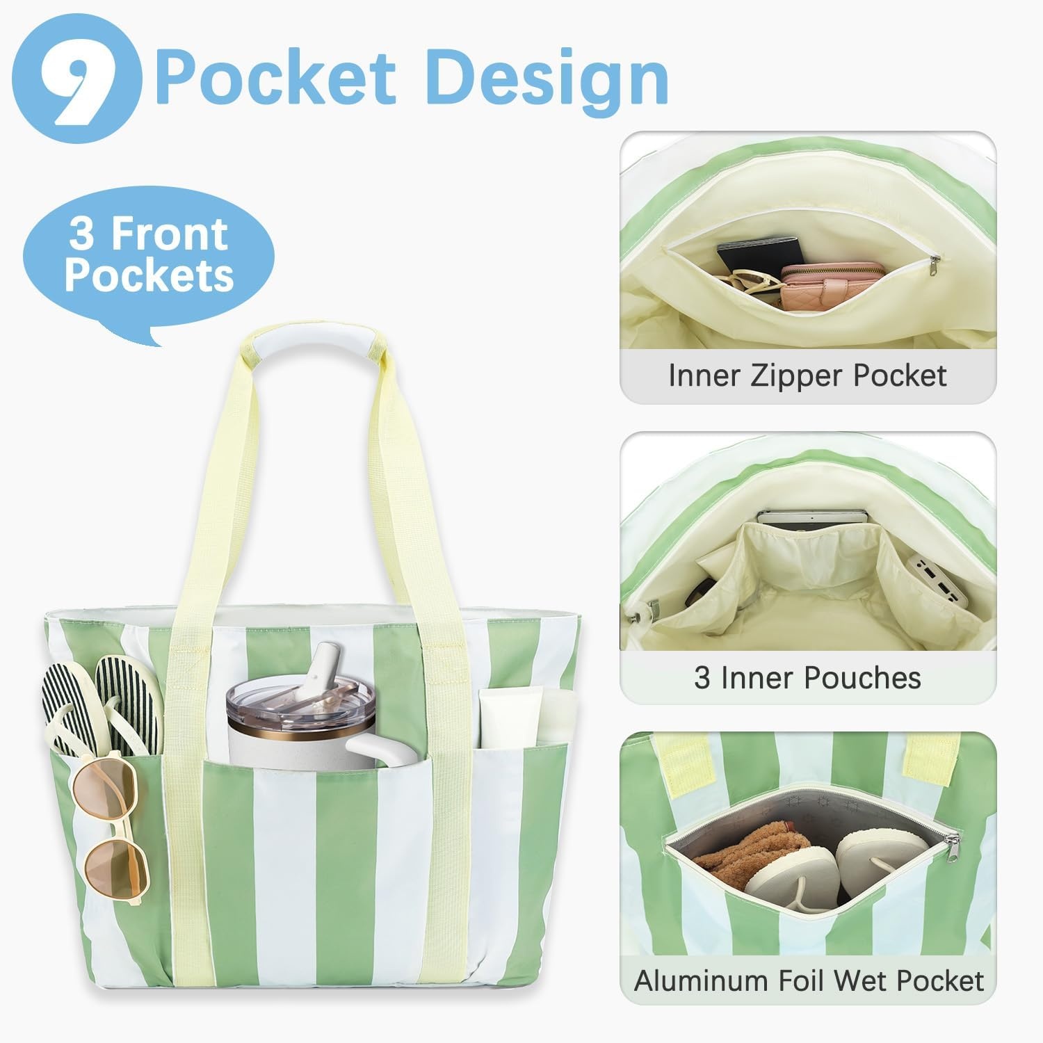 image:imageFammart Mesh Beach Bag for Women Large Beach Toy Pool Bag with Zipper Pocket SandProof Cruise Essentials 2026 Family TravelWaterproof Sandproof Green Strips