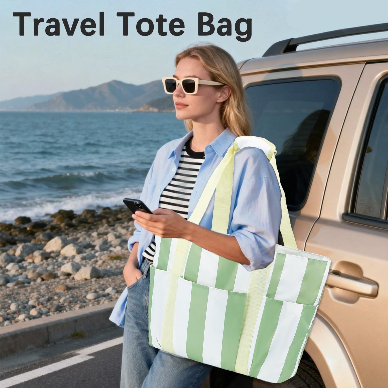 image:imageFammart Mesh Beach Bag for Women Large Beach Toy Pool Bag with Zipper Pocket SandProof Cruise Essentials 2026 Family TravelWaterproof Sandproof Green Strips