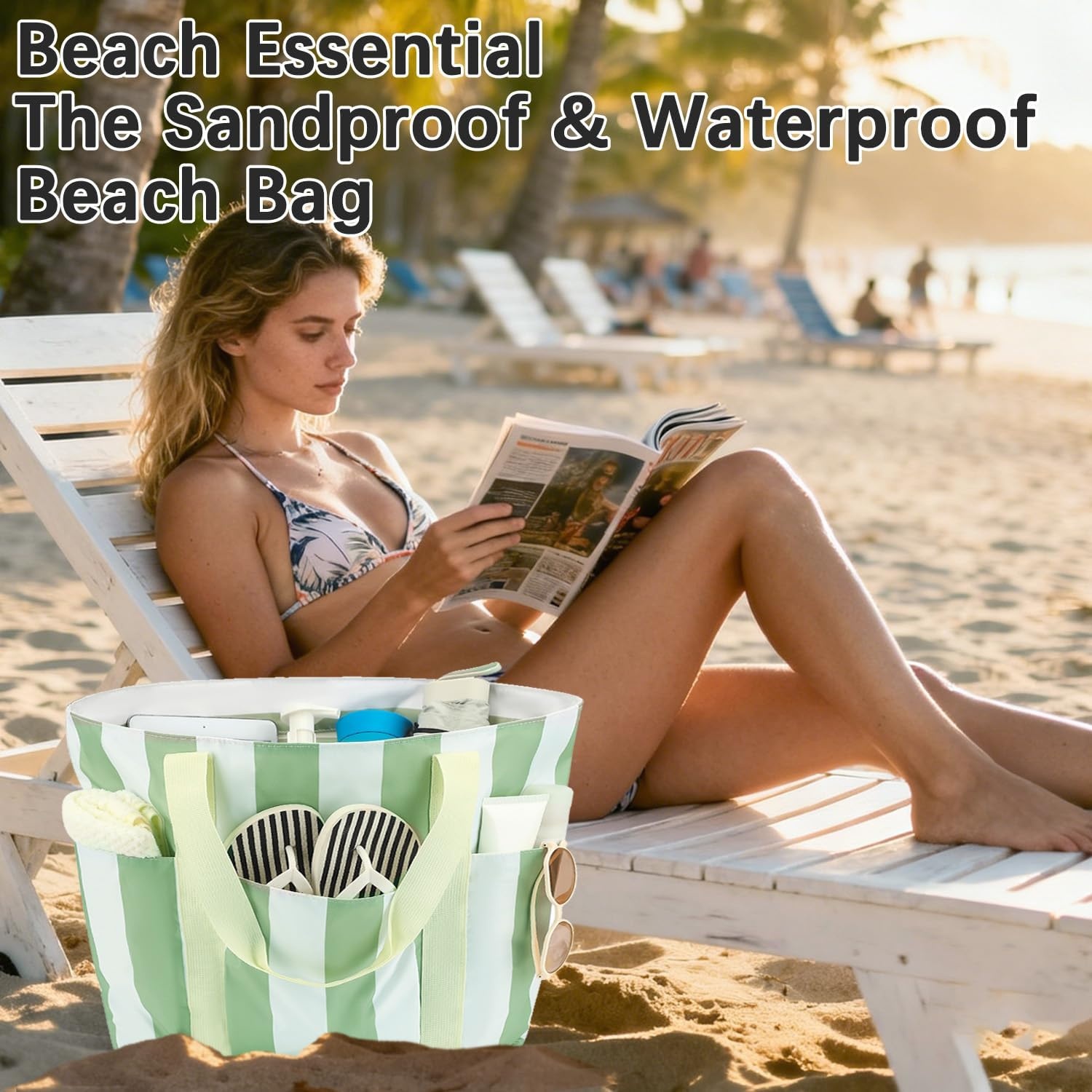 image:imageFammart Mesh Beach Bag for Women Large Beach Toy Pool Bag with Zipper Pocket SandProof Cruise Essentials 2026 Family TravelWaterproof Sandproof Green Strips