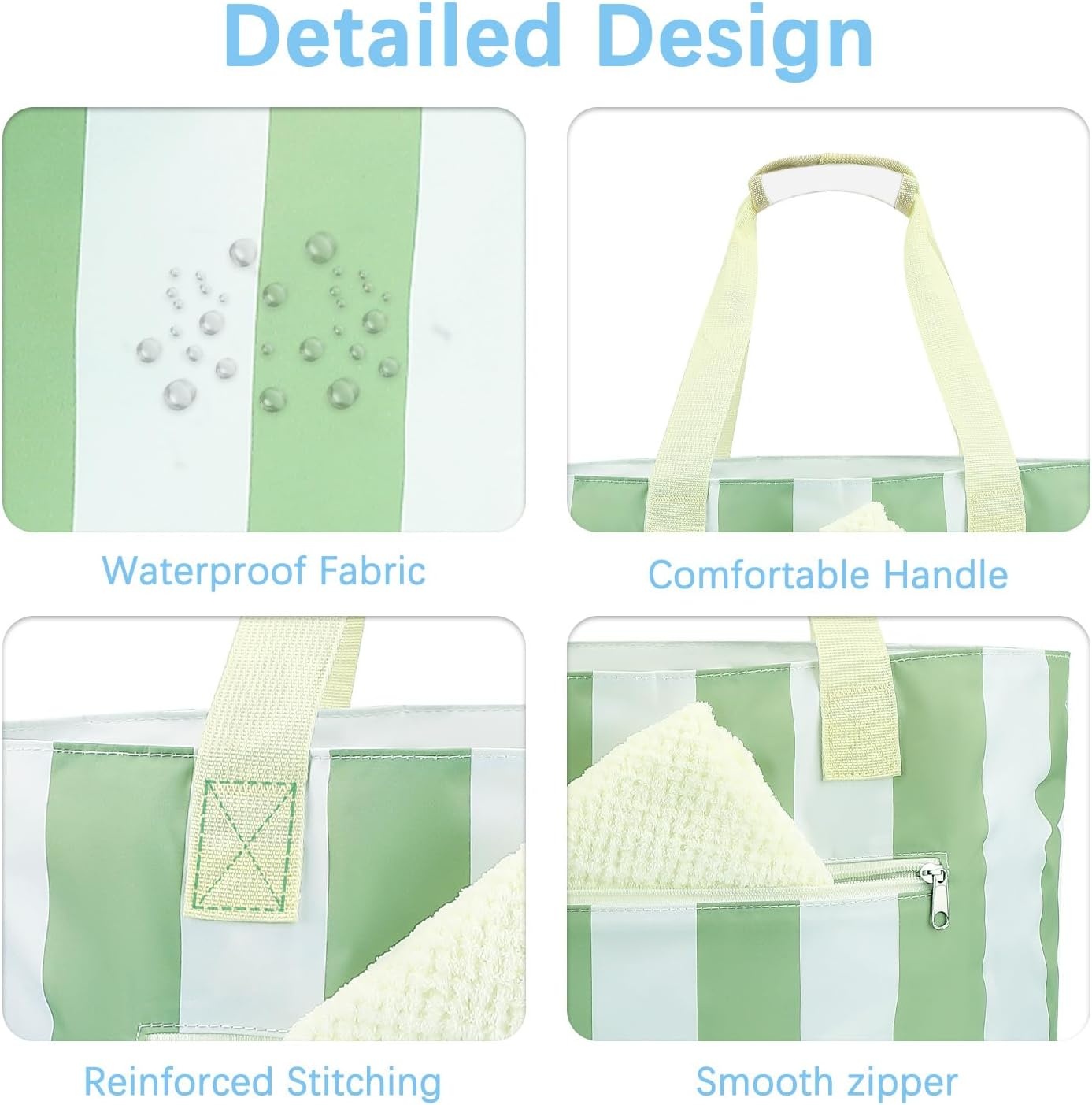 image:imageFammart Mesh Beach Bag for Women Large Beach Toy Pool Bag with Zipper Pocket SandProof Cruise Essentials 2026 Family TravelWaterproof Sandproof Green Strips