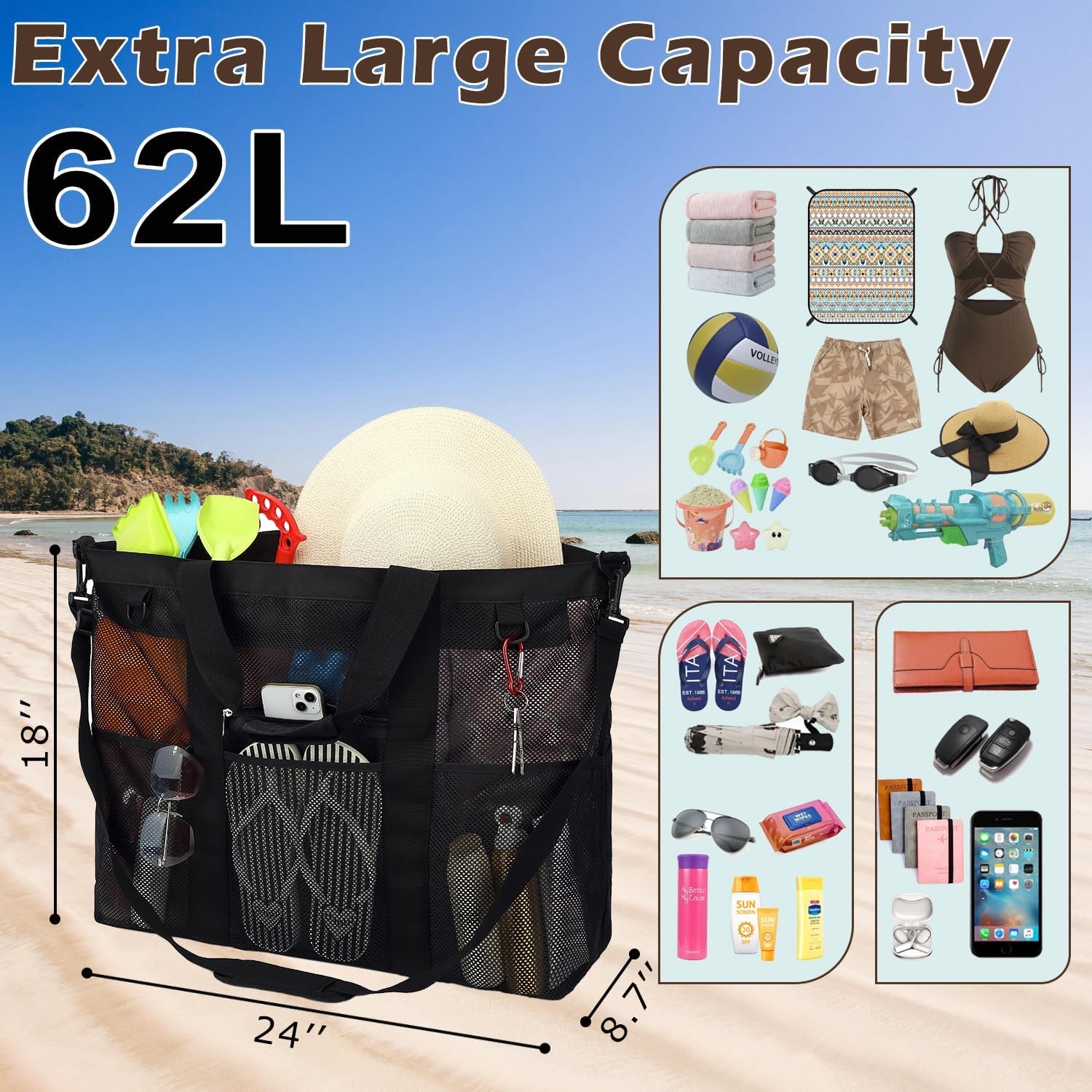 image:imageFammart Mesh Beach Bag for Women Large Beach Toy Pool Bag with Zipper Pocket SandProof Cruise Essentials 2026 Family TravelXxl Zipper Closure Black