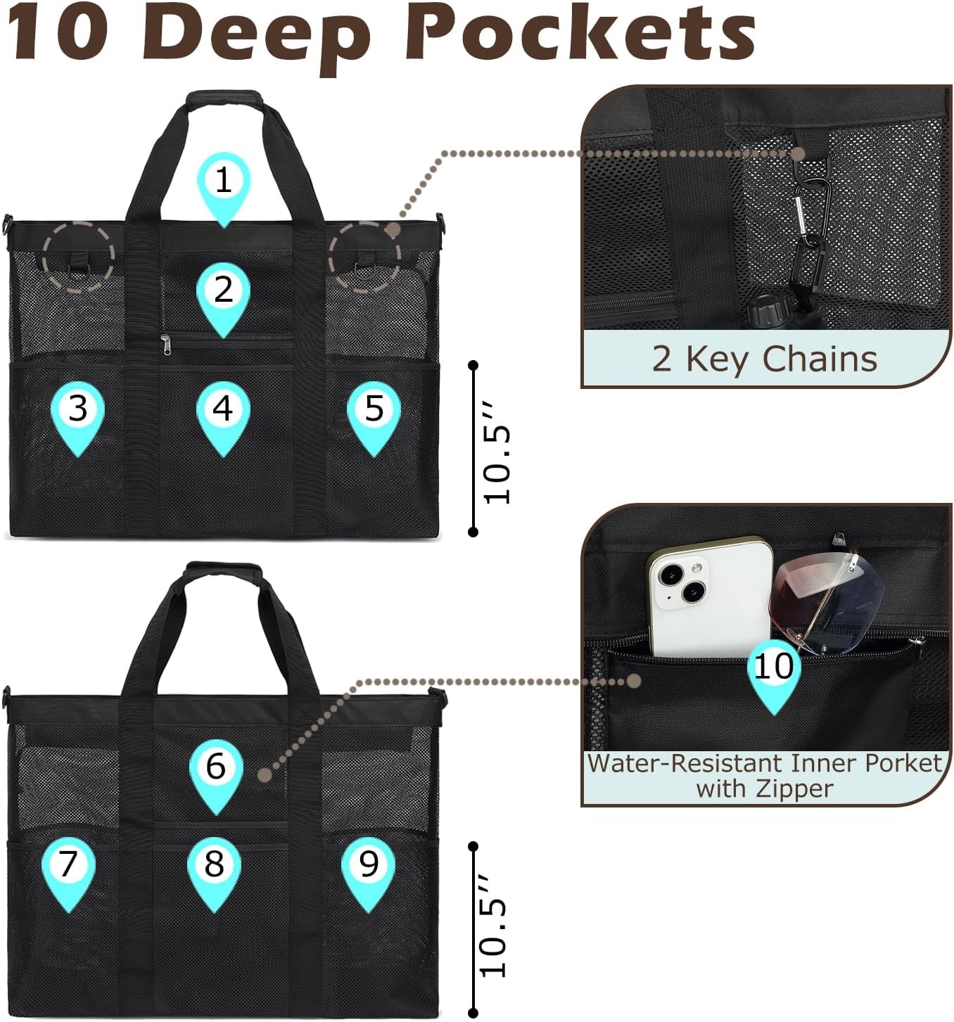 image:imageFammart Mesh Beach Bag for Women Large Beach Toy Pool Bag with Zipper Pocket SandProof Cruise Essentials 2026 Family TravelXxl Zipper Closure Black