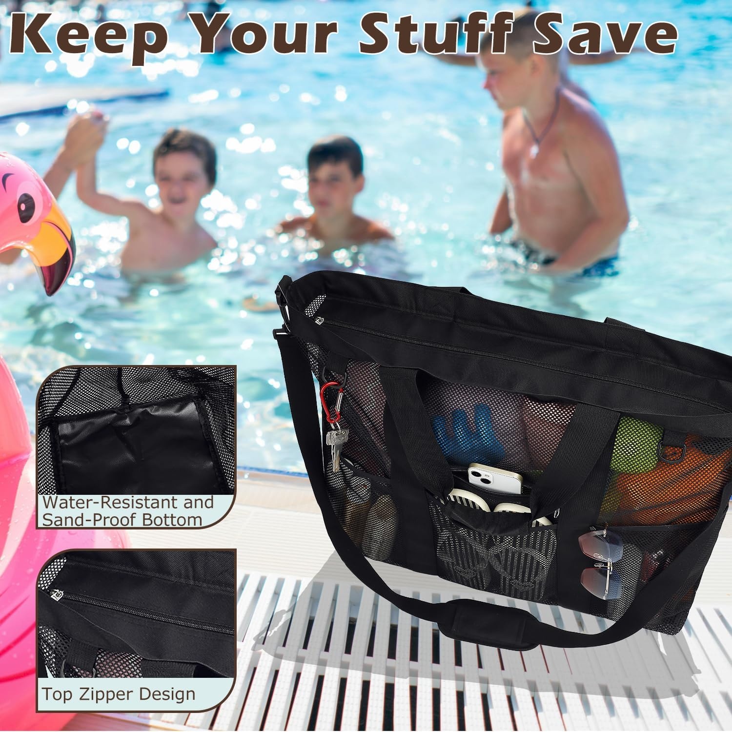 image:imageFammart Mesh Beach Bag for Women Large Beach Toy Pool Bag with Zipper Pocket SandProof Cruise Essentials 2026 Family TravelXxl Zipper Closure Black