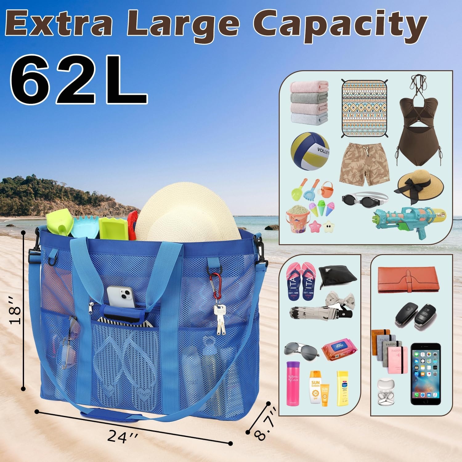 image:imageFammart Mesh Beach Bag for Women Large Beach Toy Pool Bag with Zipper Pocket SandProof Cruise Essentials 2026 Family TravelXxl Zipper Closure Blue