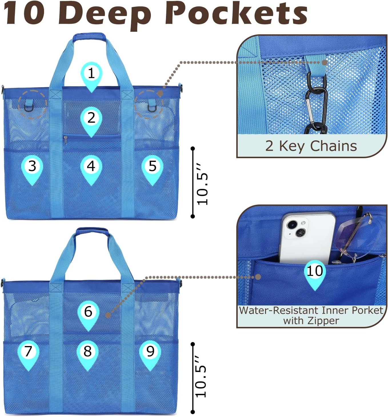 image:imageFammart Mesh Beach Bag for Women Large Beach Toy Pool Bag with Zipper Pocket SandProof Cruise Essentials 2026 Family TravelXxl Zipper Closure Blue