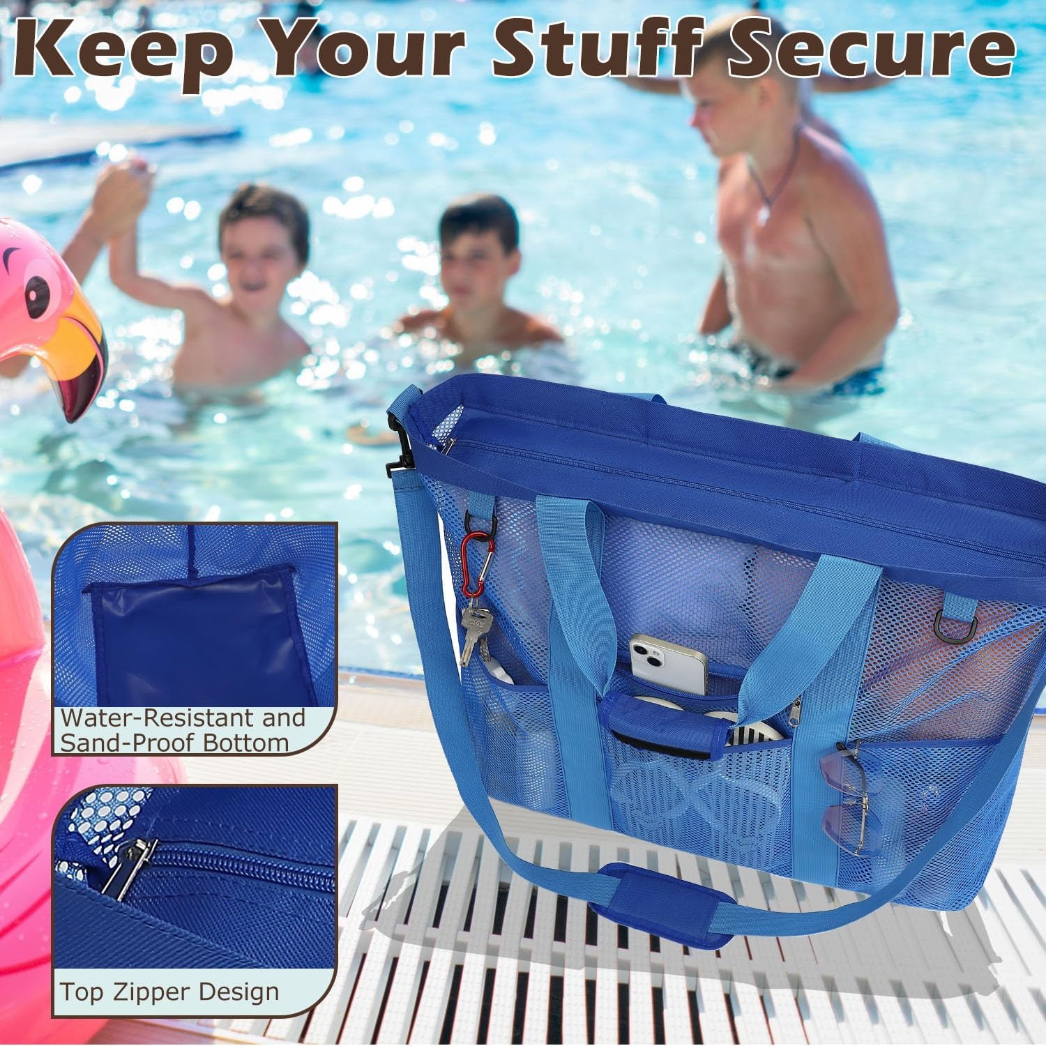 image:imageFammart Mesh Beach Bag for Women Large Beach Toy Pool Bag with Zipper Pocket SandProof Cruise Essentials 2026 Family TravelXxl Zipper Closure Blue