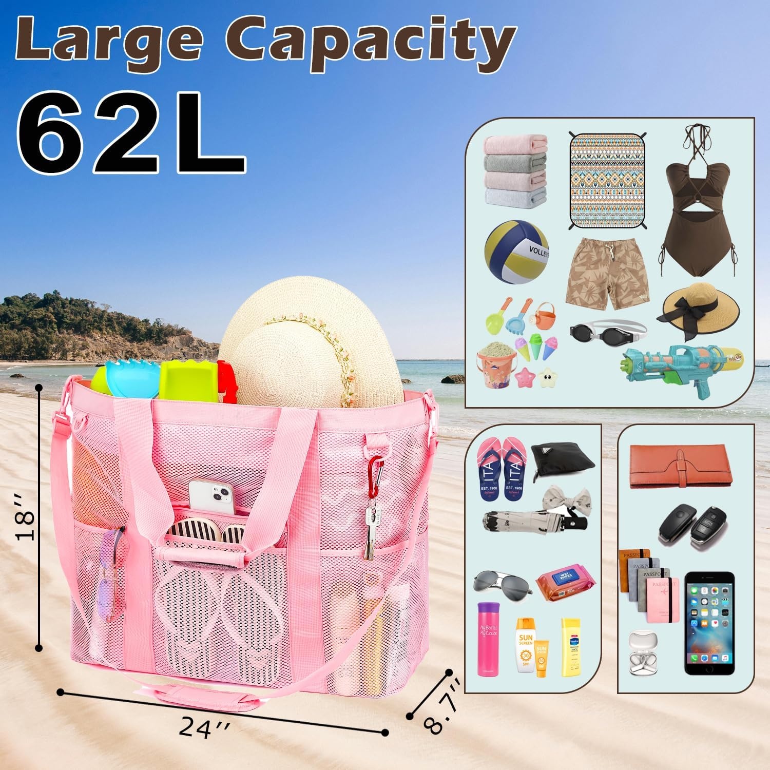 image:imageFammart Mesh Beach Bag for Women Large Beach Toy Pool Bag with Zipper Pocket SandProof Cruise Essentials 2026 Family TravelXxl Zipper Closure Pink