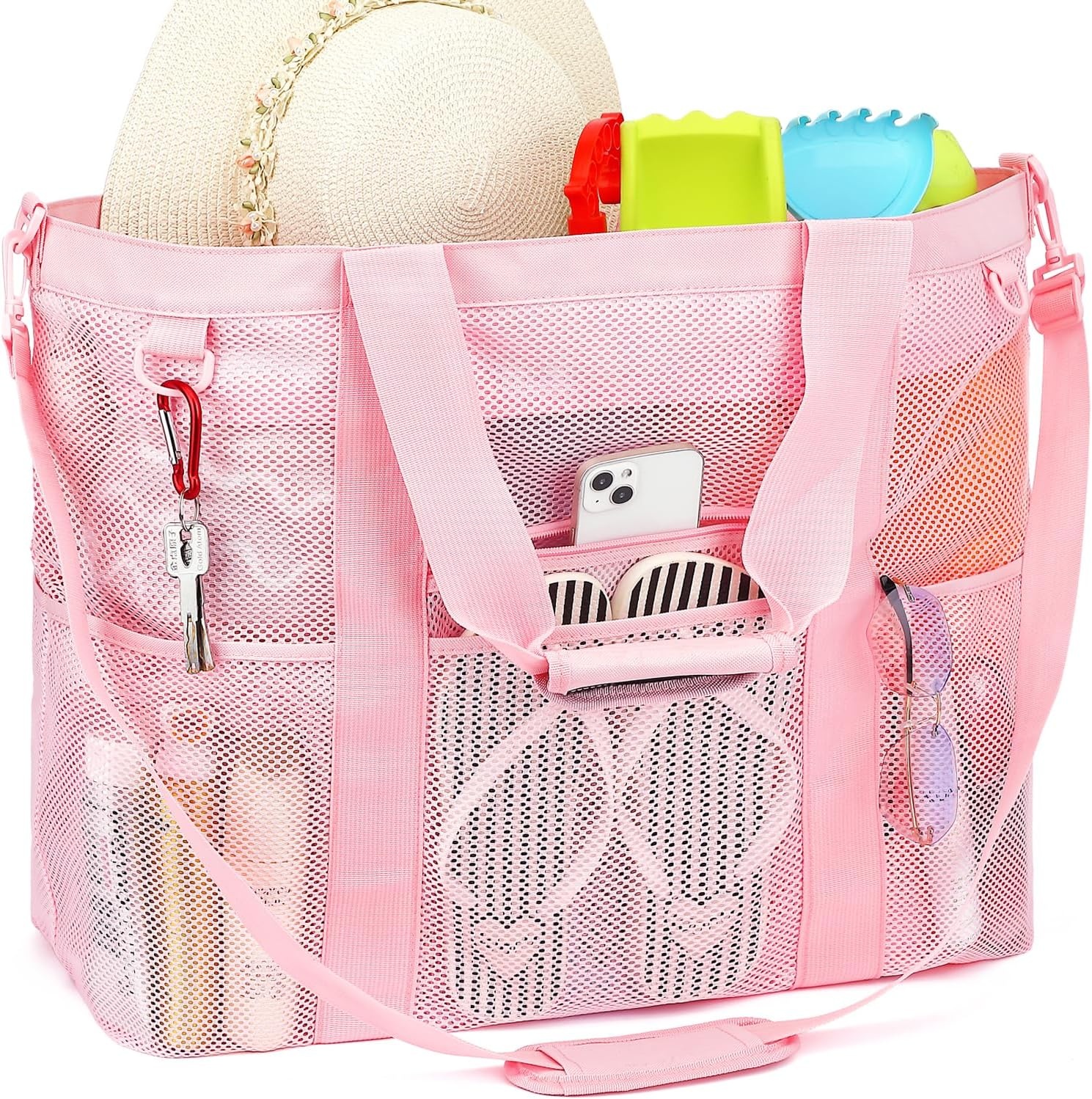 image:imageFammart Mesh Beach Bag for Women Large Beach Toy Pool Bag with Zipper Pocket SandProof Cruise Essentials 2026 Family TravelXxl Zipper Closure Pink
