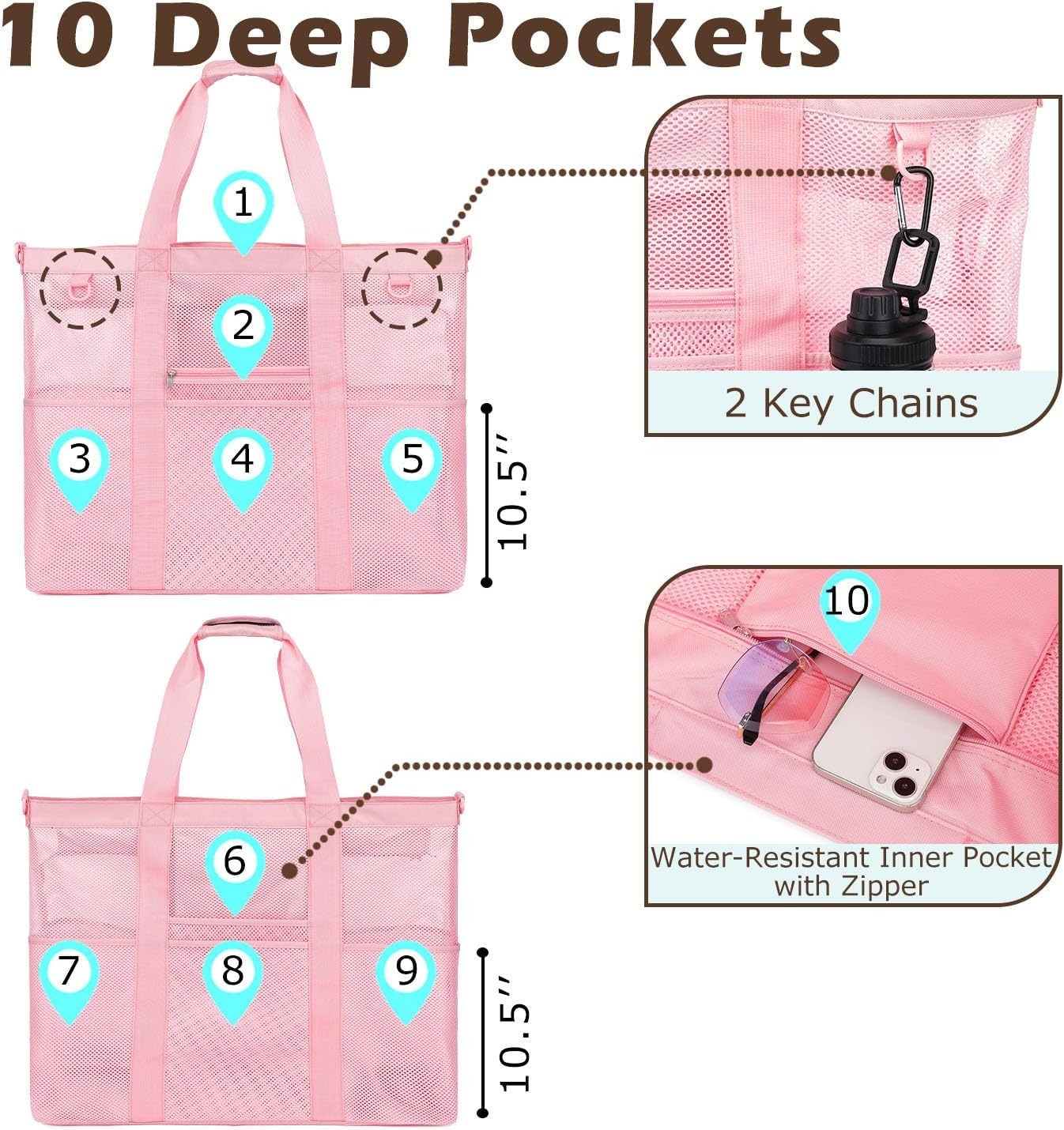image:imageFammart Mesh Beach Bag for Women Large Beach Toy Pool Bag with Zipper Pocket SandProof Cruise Essentials 2026 Family TravelXxl Zipper Closure Pink