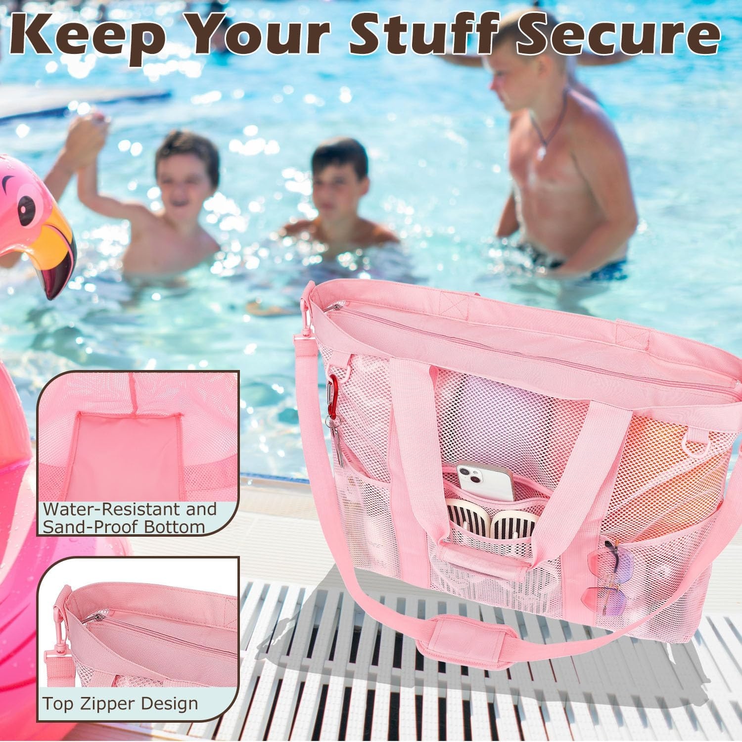 image:imageFammart Mesh Beach Bag for Women Large Beach Toy Pool Bag with Zipper Pocket SandProof Cruise Essentials 2026 Family TravelXxl Zipper Closure Pink
