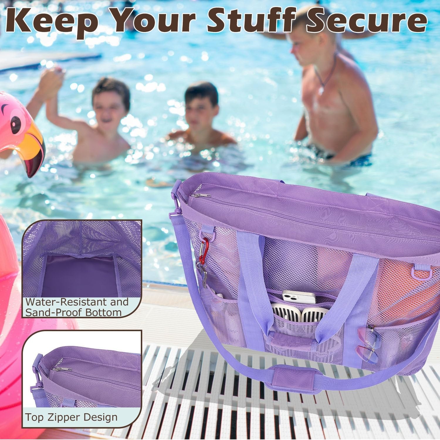 image:imageFammart Mesh Beach Bag for Women Large Beach Toy Pool Bag with Zipper Pocket SandProof Cruise Essentials 2026 Family TravelXxl Zipper Closure Purple