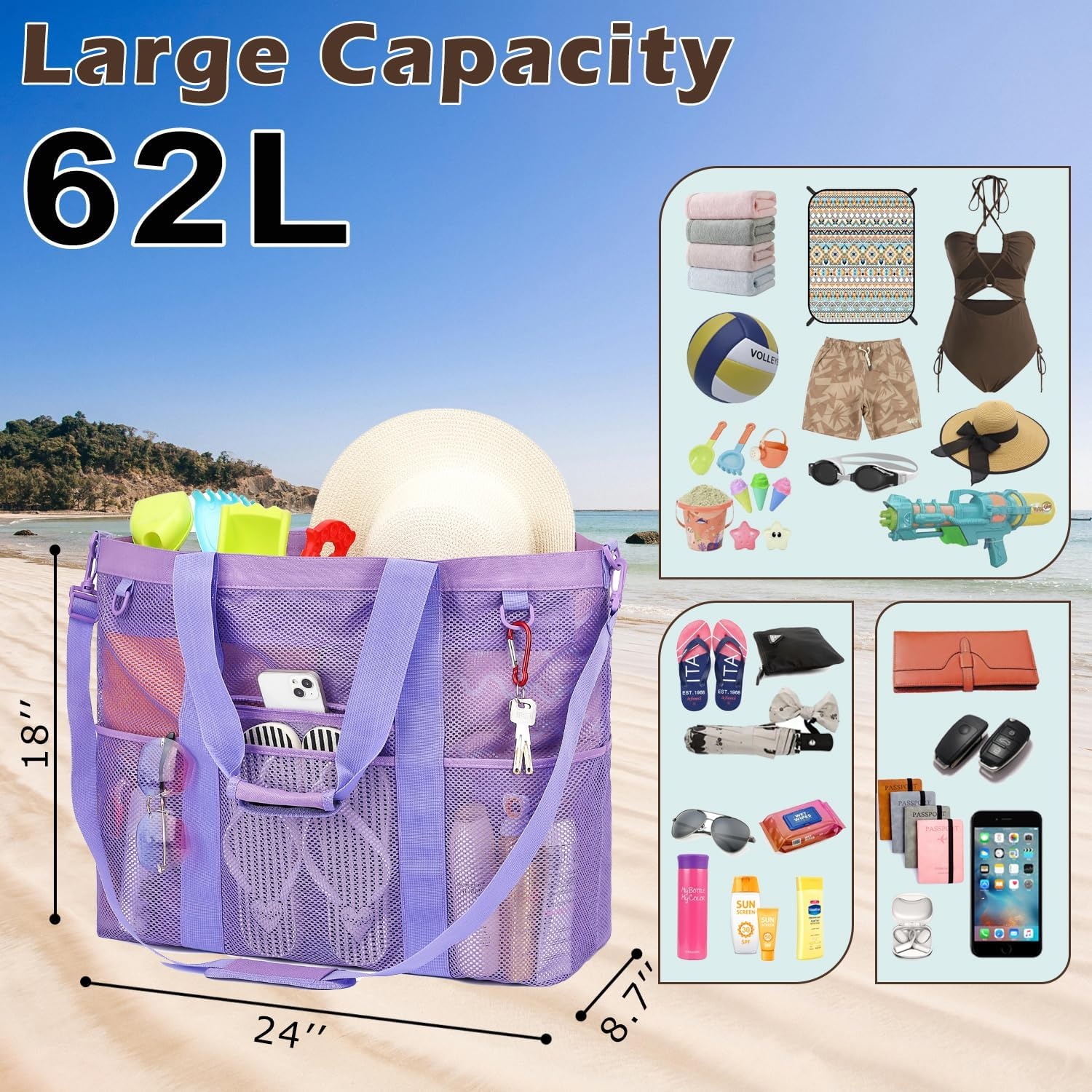 image:imageFammart Mesh Beach Bag for Women Large Beach Toy Pool Bag with Zipper Pocket SandProof Cruise Essentials 2026 Family TravelXxl Zipper Closure Purple