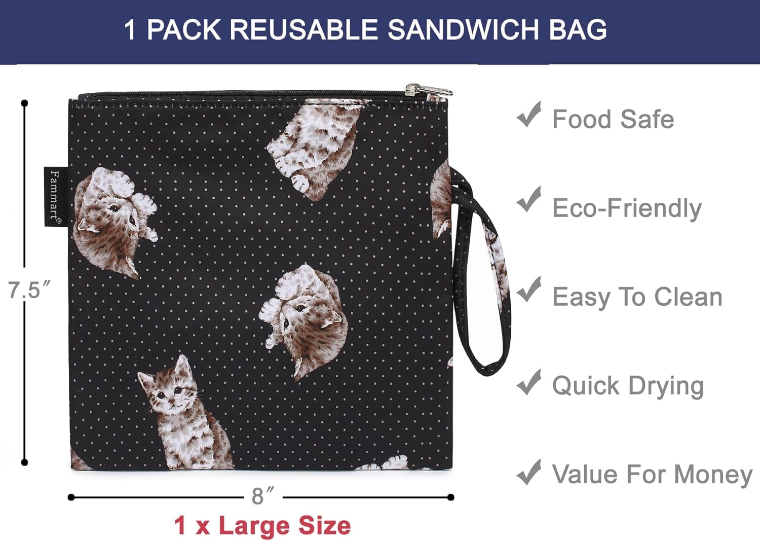 image:imageFammart Reusable Sandwich BagSnack Bag for Kids amp Adults Dual Layer Lunch Bag with Handle Washable Food Safe BPA Free 1Pack AstronautLarge 1 Pack DotCat