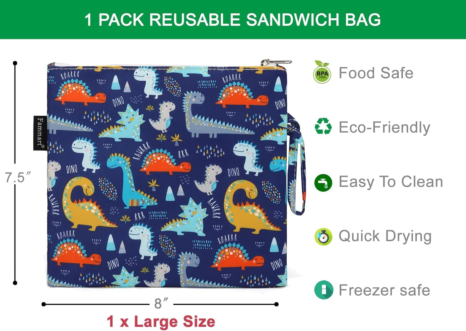 image:imageFammart Reusable Sandwich BagSnack Bag for Kids amp Adults Dual Layer Lunch Bag with Handle Washable Food Safe BPA Free 1Pack AstronautLarge 1 Pack Dinosaur