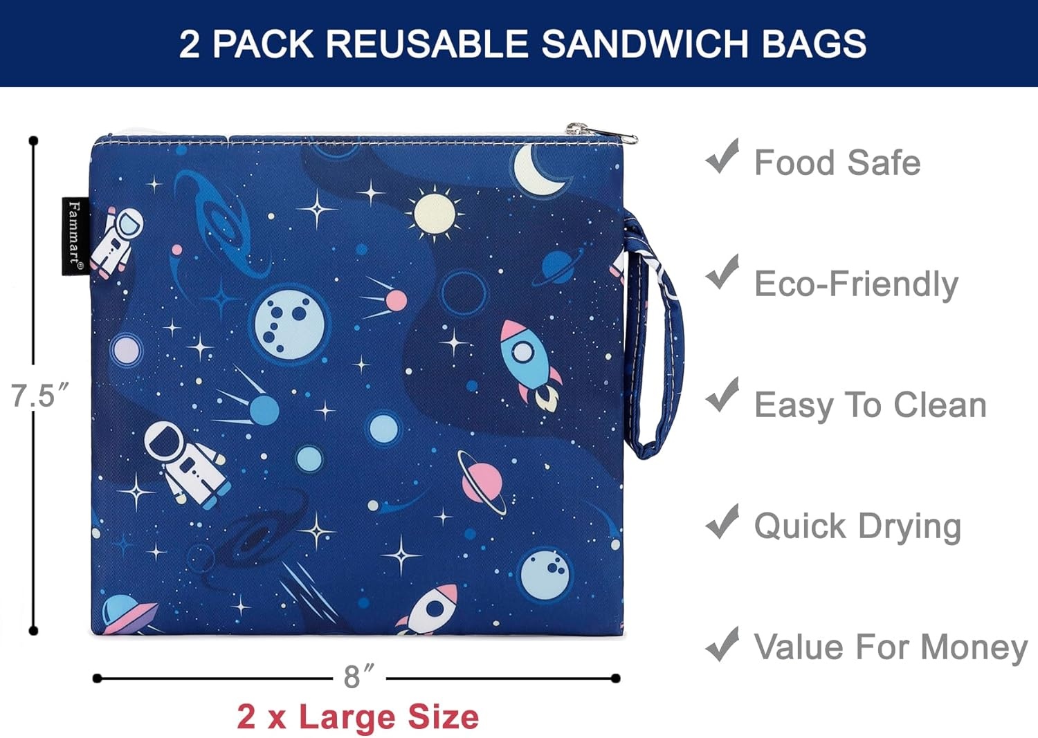 image:imageFammart Reusable Sandwich BagSnack Bag for Kids amp Adults Dual Layer Lunch Bag with Handle Washable Food Safe BPA Free 1Pack AstronautLarge 2 Packs Astronaut