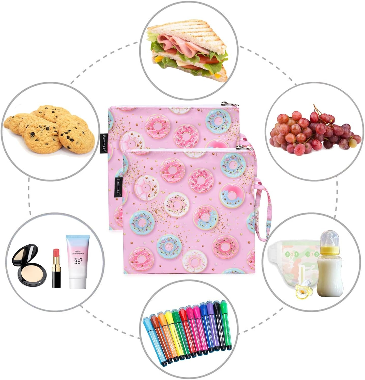 image:imageFammart Reusable Sandwich BagSnack Bag for Kids amp Adults Dual Layer Lunch Bag with Handle Washable Food Safe BPA Free 1Pack AstronautLarge 2 Packs Colorful Donut