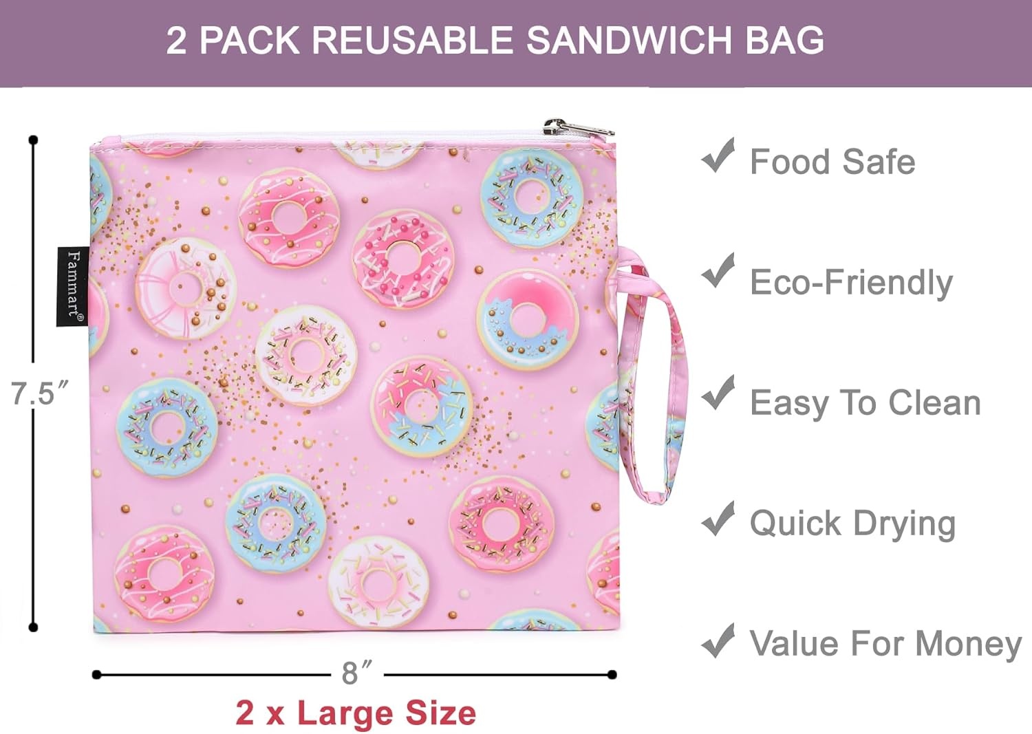 image:imageFammart Reusable Sandwich BagSnack Bag for Kids amp Adults Dual Layer Lunch Bag with Handle Washable Food Safe BPA Free 1Pack AstronautLarge 2 Packs Colorful Donut