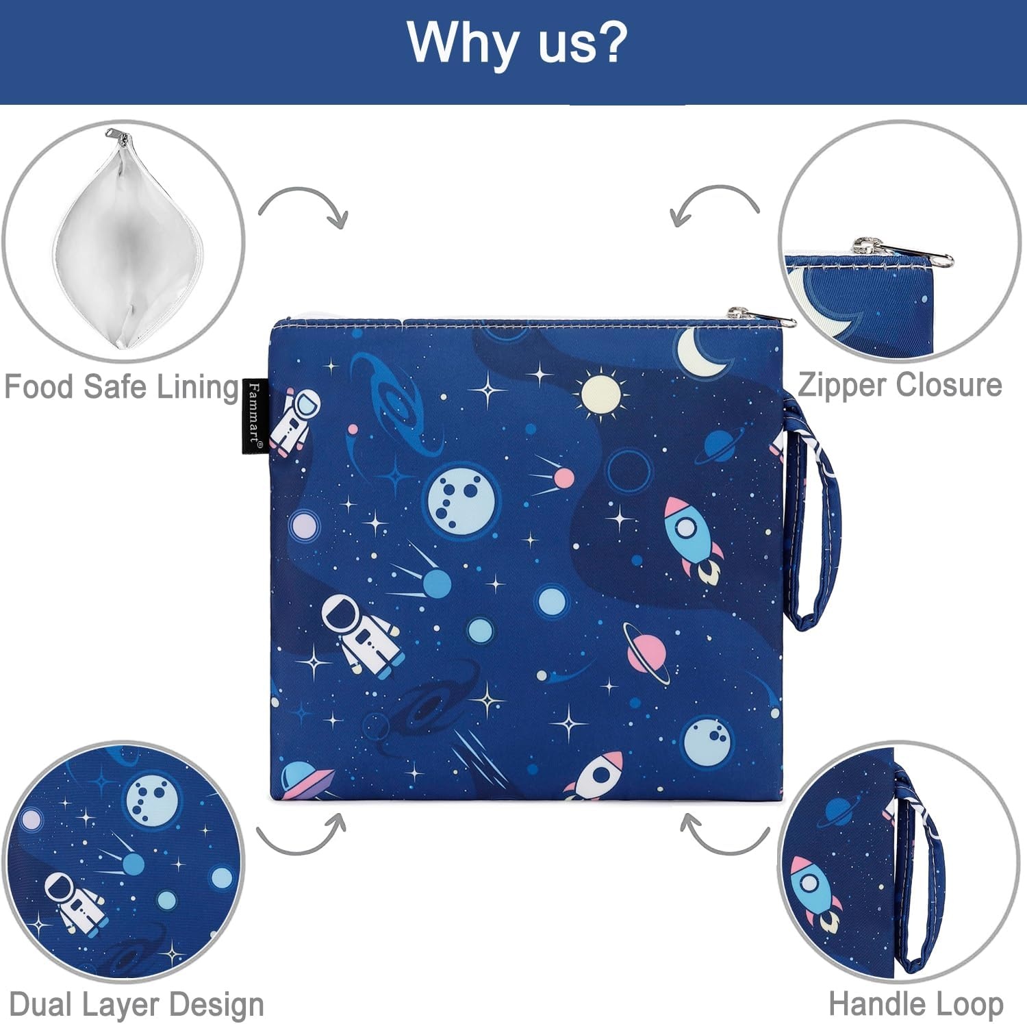 image:imageFammart Reusable Sandwich BagSnack Bag for Kids amp Adults Dual Layer Lunch Bag with Handle Washable Food Safe BPA Free 1Pack AstronautLarge 2 Packs Astronaut