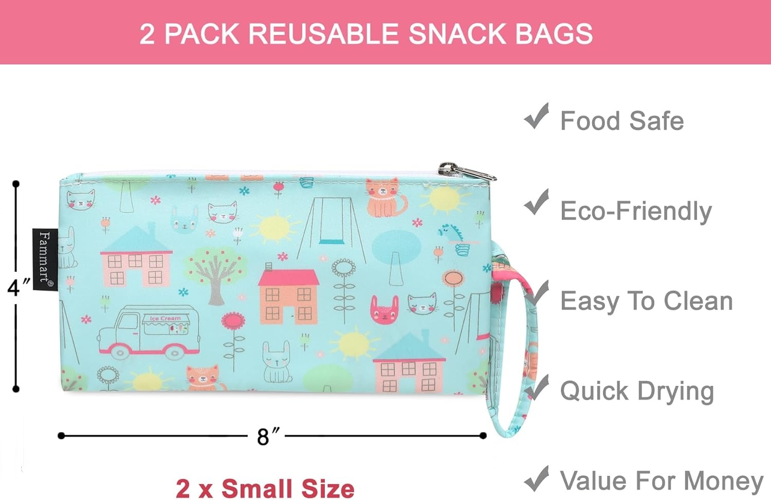 image:imageFammart Reusable Sandwich BagSnack Bag for Kids amp Adults Dual Layer Lunch Bag with Handle Washable Food Safe BPA Free 1Pack AstronautSmall 2 Packs Colorful Cat