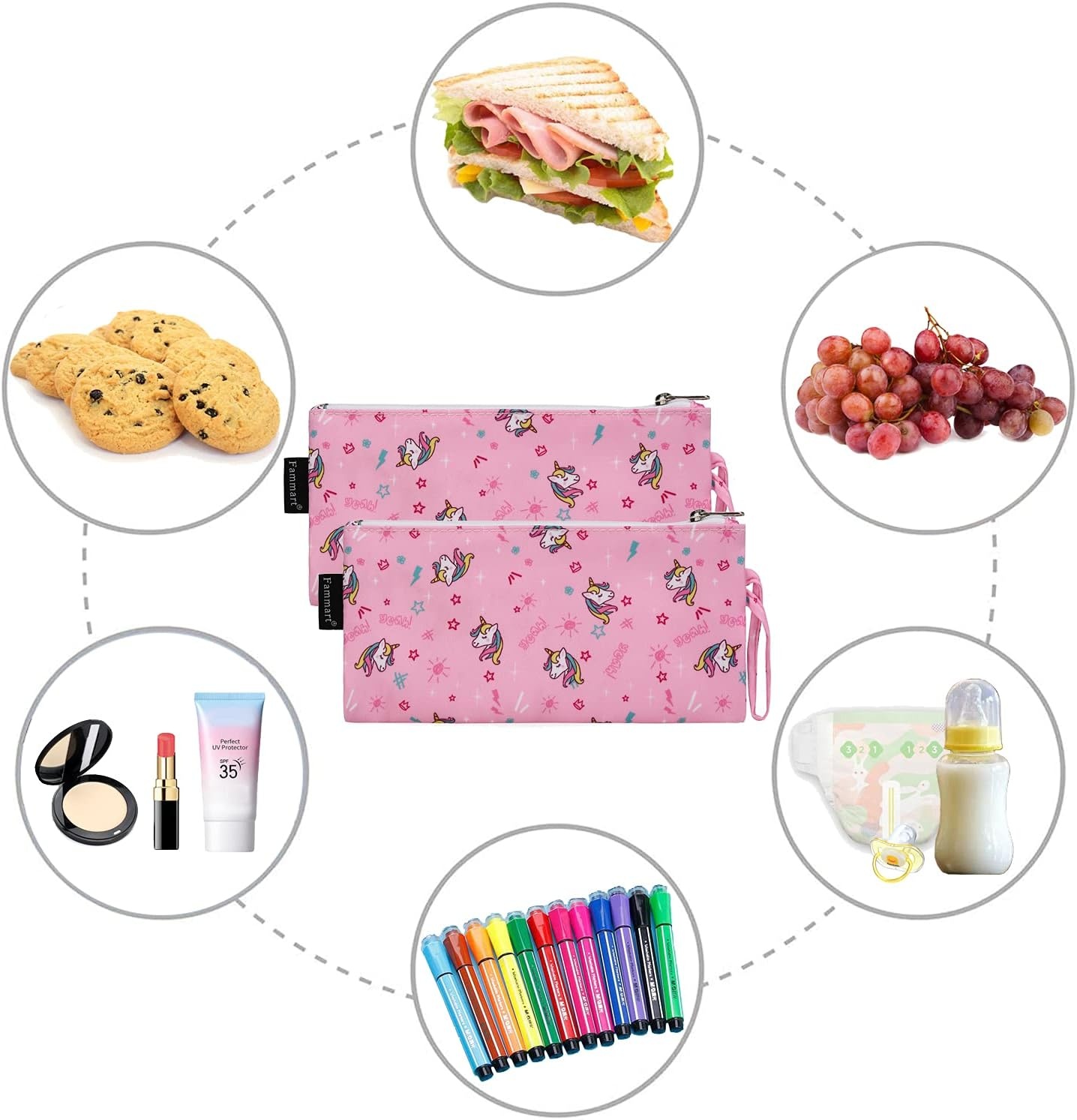 image:imageFammart Reusable Sandwich BagSnack Bag for Kids amp Adults Dual Layer Lunch Bag with Handle Washable Food Safe BPA Free 1Pack AstronautSmall 2 Packs Unicorn