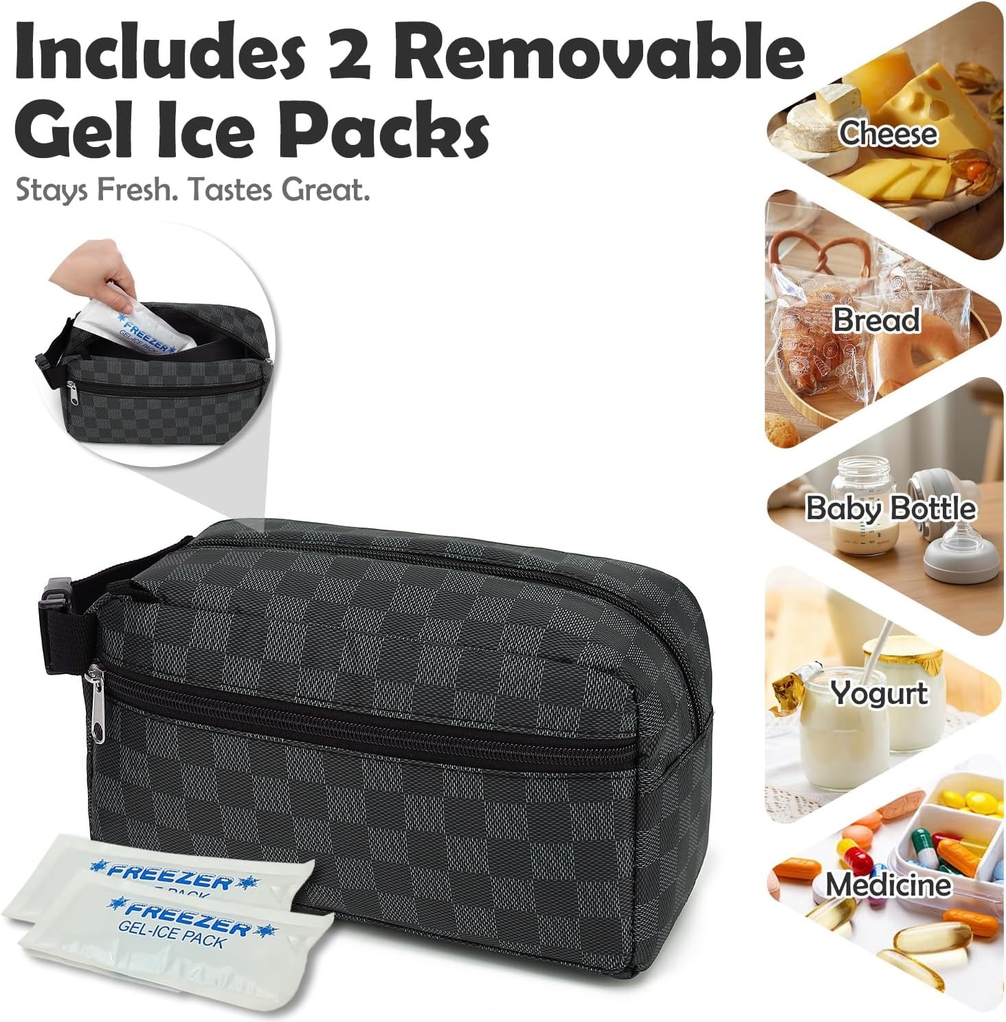 image:imageFammart Reusable Sandwich BagSnack Bag for Kids amp Adults Dual Layer Lunch Bag with Handle Washable Food Safe BPA Free 1Pack Astronautwith Ice Packs Checkered Gray