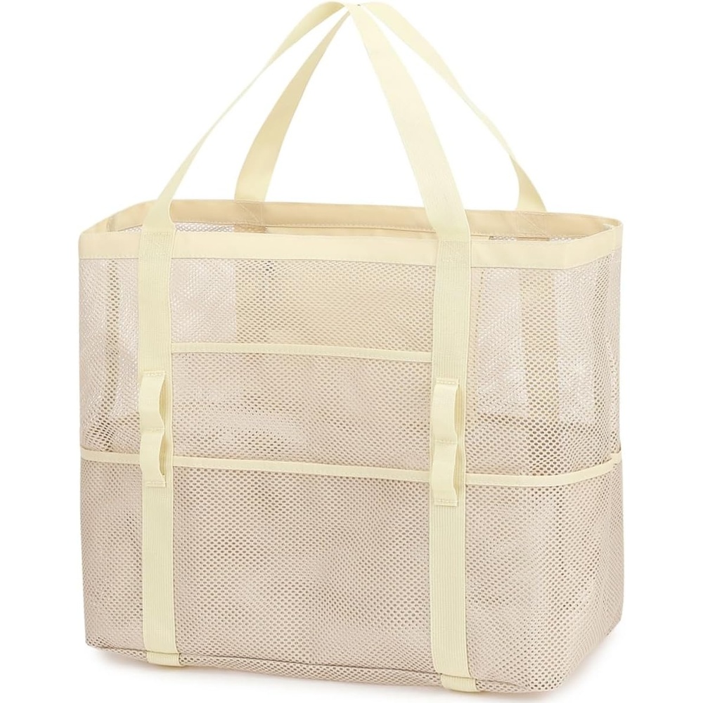 image:imageFammart Mesh Beach Bag for Women Large Beach Toy Pool Bag with Zipper Pocket SandProof Cruise Essentials 2026 Family TravelLarge Beige