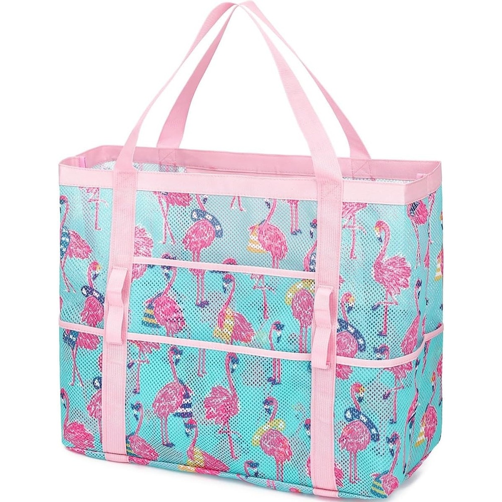 image:imageFammart Mesh Beach Bag for Women Large Beach Toy Pool Bag with Zipper Pocket SandProof Cruise Essentials 2026 Family TravelLarge Flamingo