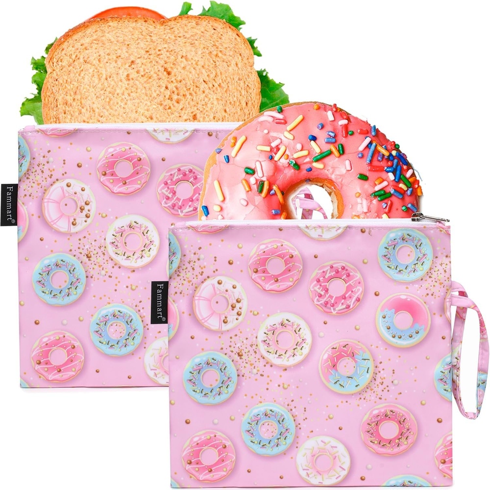 image:imageFammart Reusable Sandwich BagSnack Bag for Kids amp Adults Dual Layer Lunch Bag with Handle Washable Food Safe BPA Free 1Pack AstronautLarge 2 Packs Colorful Donut