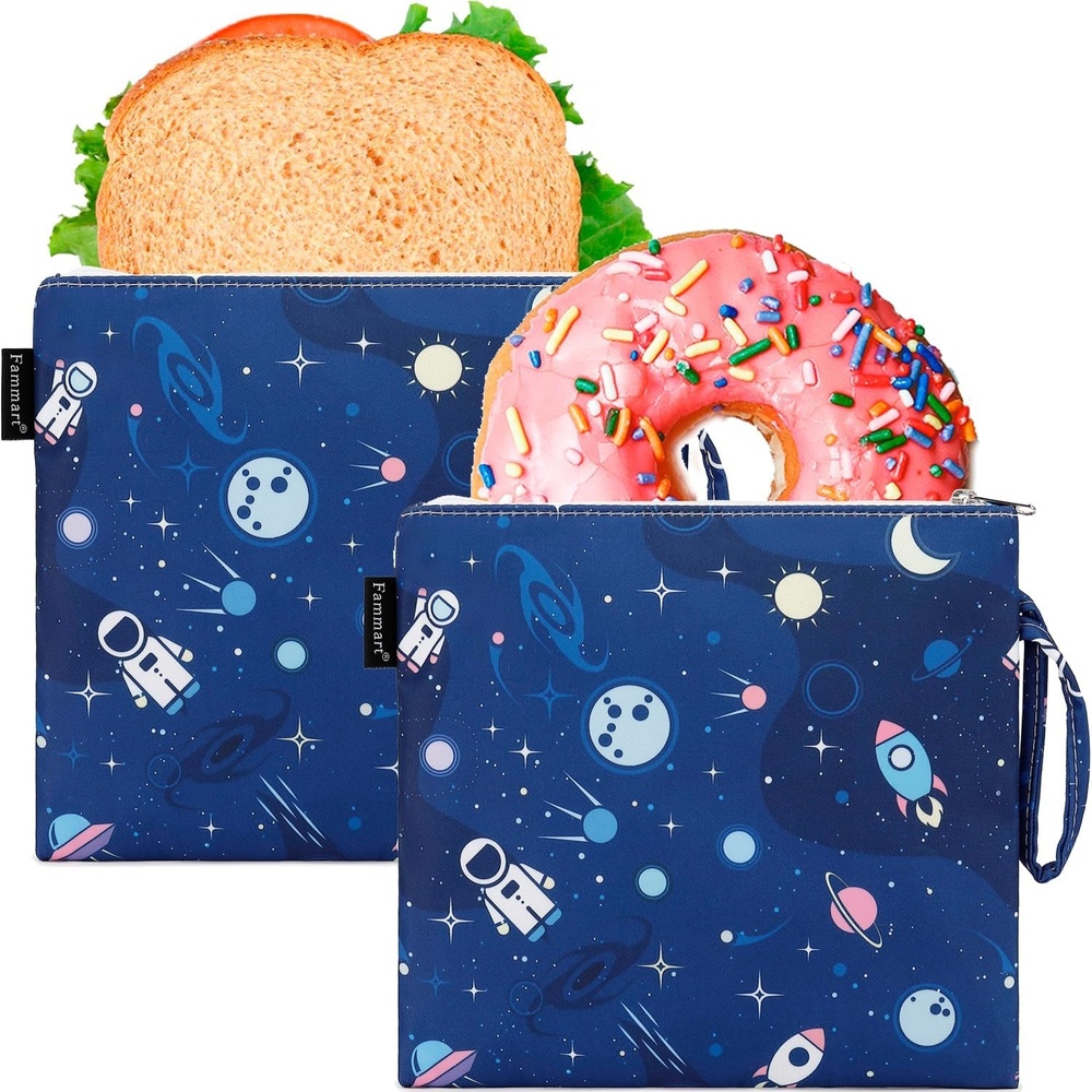 image:imageFammart Reusable Sandwich BagSnack Bag for Kids amp Adults Dual Layer Lunch Bag with Handle Washable Food Safe BPA Free 1Pack AstronautLarge 2 Packs Astronaut