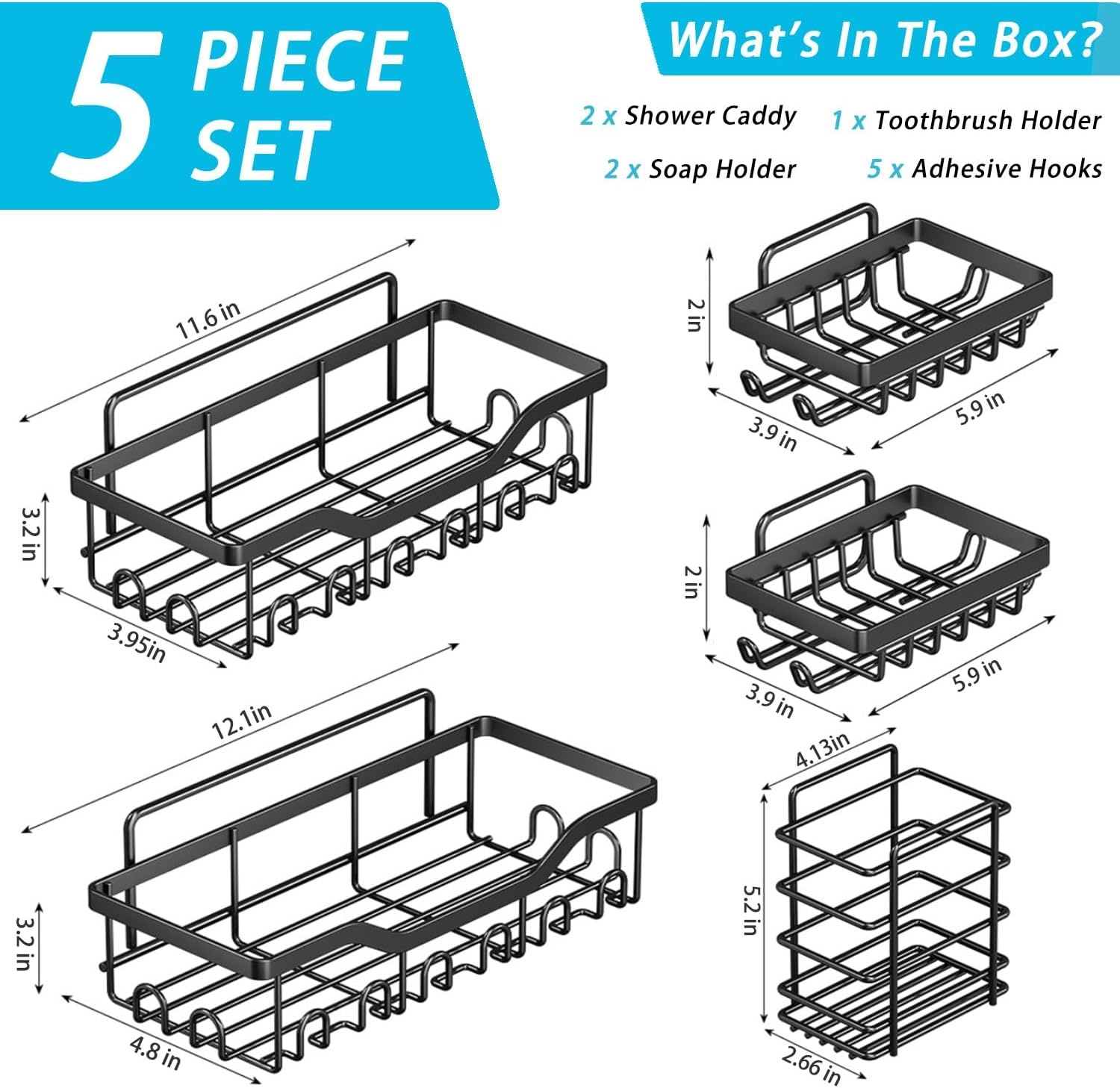 image:imageFammart Adhesive Shower Caddy 5Pack Rustproof Stainless Steel Bathroom Organizer with 28 Hooks NoDrill Large Capacity Shower Shelves for Bathroom Storage amp Home Dcor Black5Pack Stainless Steel Black