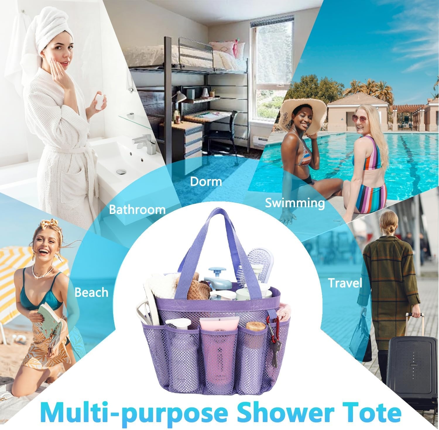 image:imageFammart Adhesive Shower Caddy 5Pack Rustproof Stainless Steel Bathroom Organizer with 28 Hooks NoDrill Large Capacity Shower Shelves for Bathroom Storage amp Home Dcor BlackMultiple Pockets Purple