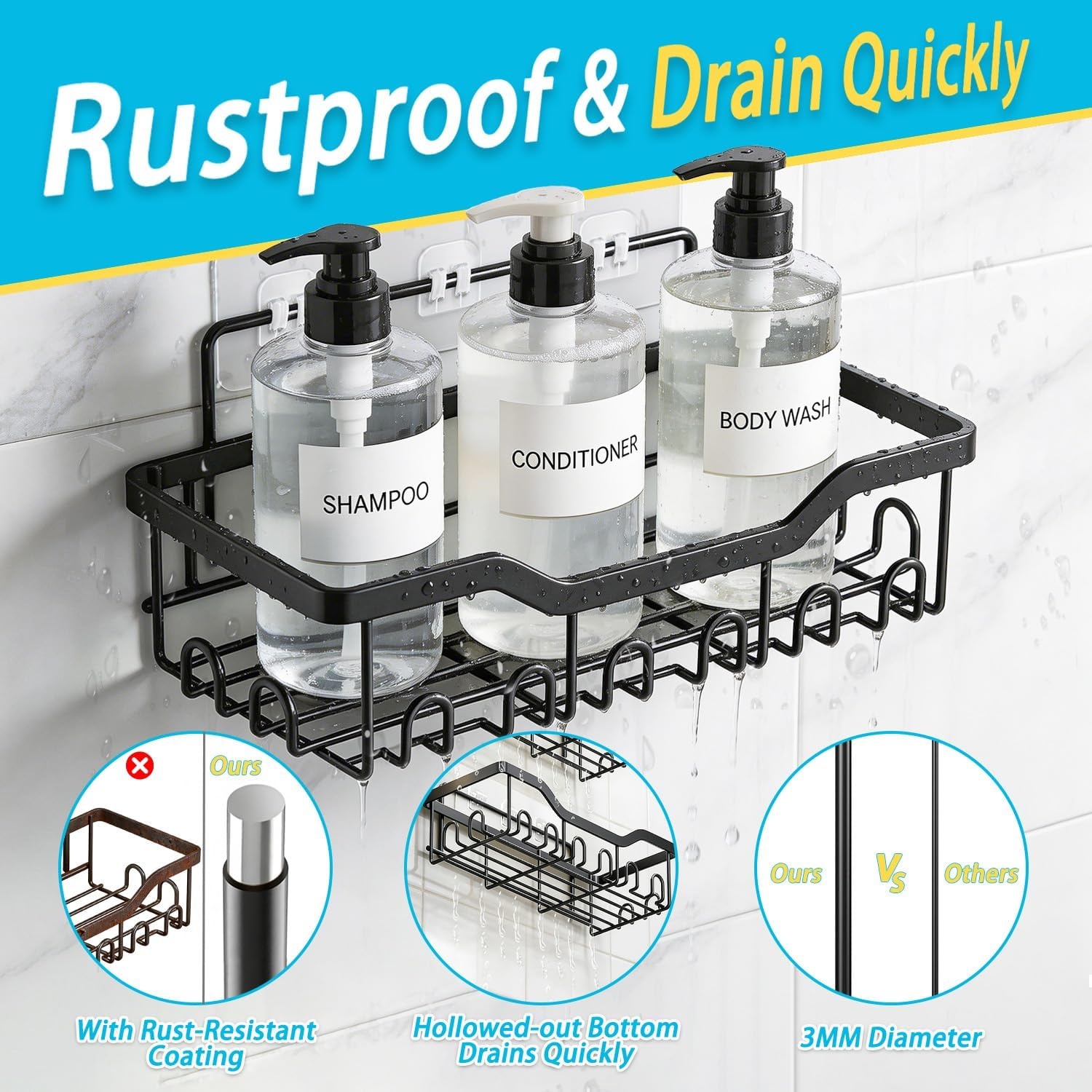 image:imageFammart Adhesive Shower Caddy 5Pack Rustproof Stainless Steel Bathroom Organizer with 28 Hooks NoDrill Large Capacity Shower Shelves for Bathroom Storage amp Home Dcor Black5Pack Stainless Steel Black