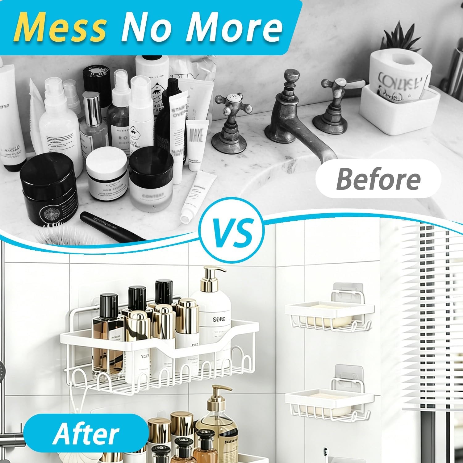 image:imageFammart Adhesive Shower Caddy 5Pack Rustproof Stainless Steel Bathroom Organizer with 28 Hooks NoDrill Large Capacity Shower Shelves for Bathroom Storage amp Home Dcor Black5Pack Stainless Steel White