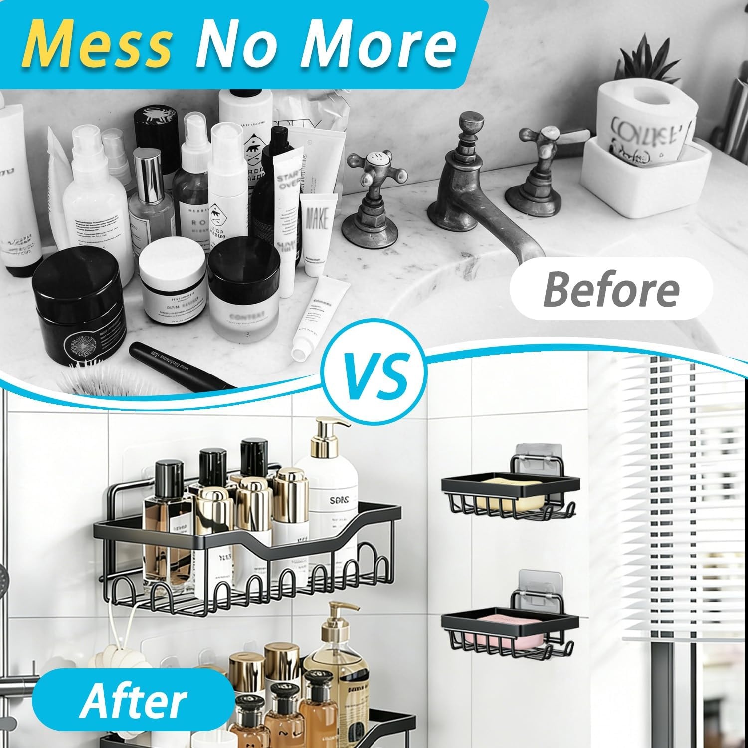image:imageFammart Adhesive Shower Caddy 5Pack Rustproof Stainless Steel Bathroom Organizer with 28 Hooks NoDrill Large Capacity Shower Shelves for Bathroom Storage amp Home Dcor Black5Pack Stainless Steel Black