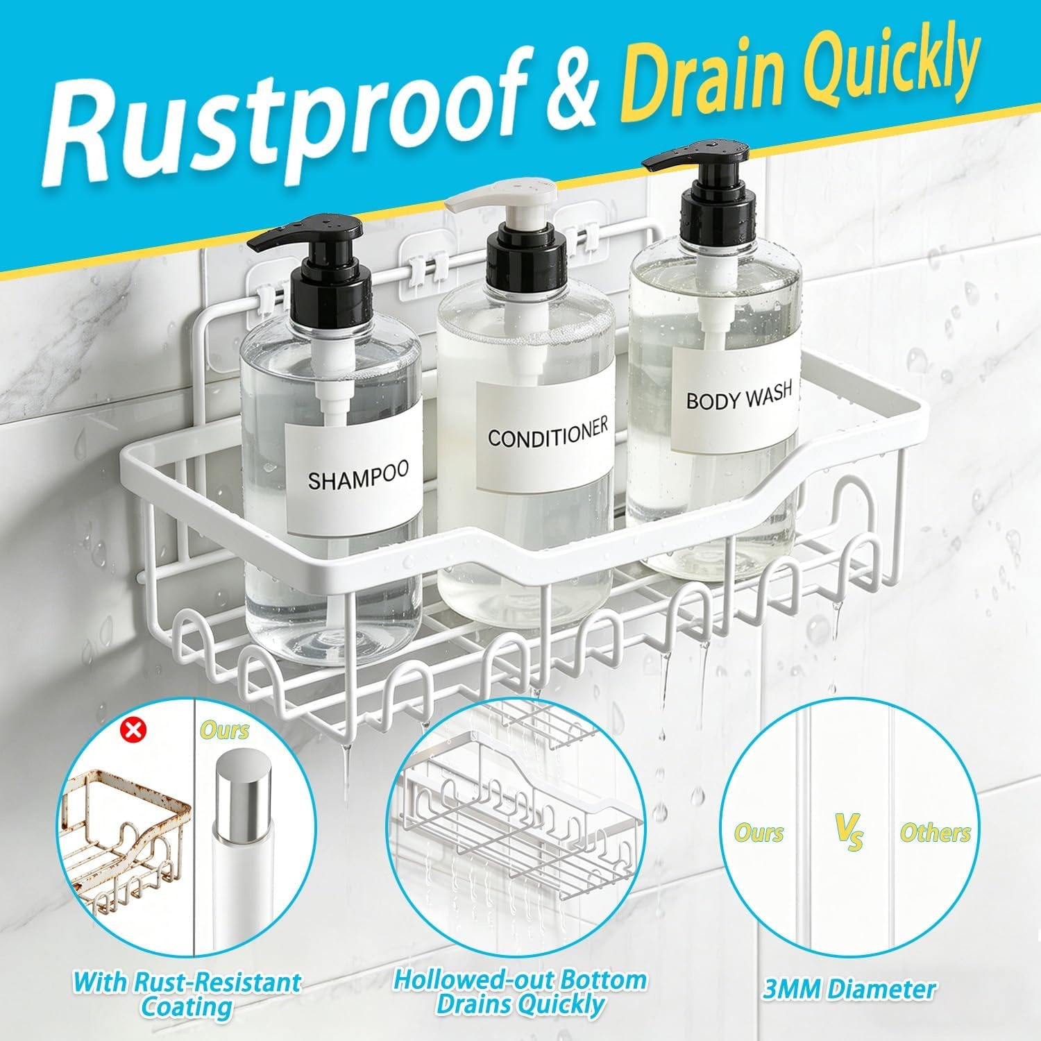 image:imageFammart Adhesive Shower Caddy 5Pack Rustproof Stainless Steel Bathroom Organizer with 28 Hooks NoDrill Large Capacity Shower Shelves for Bathroom Storage amp Home Dcor Black5Pack Stainless Steel White
