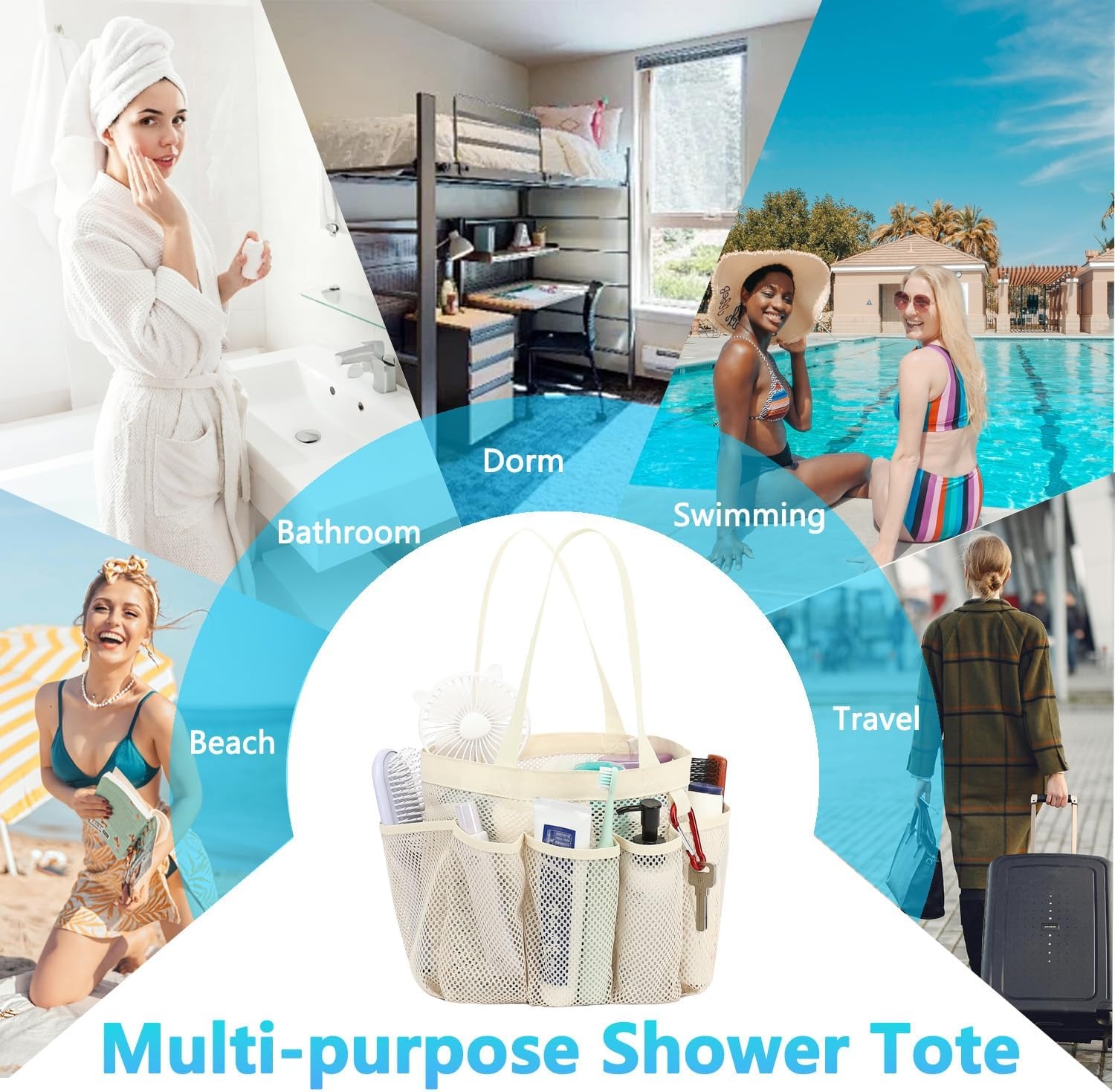 image:imageFammart Adhesive Shower Caddy 5Pack Rustproof Stainless Steel Bathroom Organizer with 28 Hooks NoDrill Large Capacity Shower Shelves for Bathroom Storage amp Home Dcor BlackMultiple Pockets Beige
