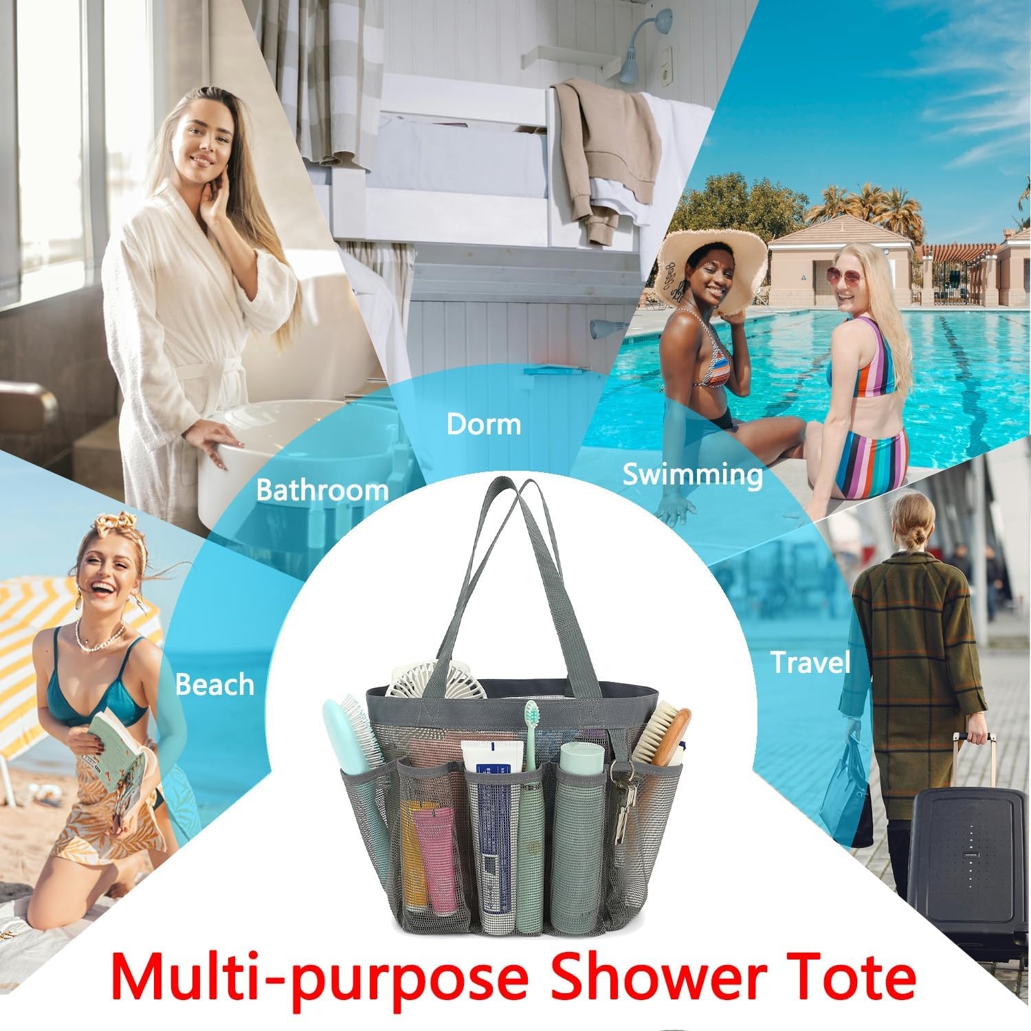 image:imageFammart Adhesive Shower Caddy 5Pack Rustproof Stainless Steel Bathroom Organizer with 28 Hooks NoDrill Large Capacity Shower Shelves for Bathroom Storage amp Home Dcor BlackMultiple Pockets Grey