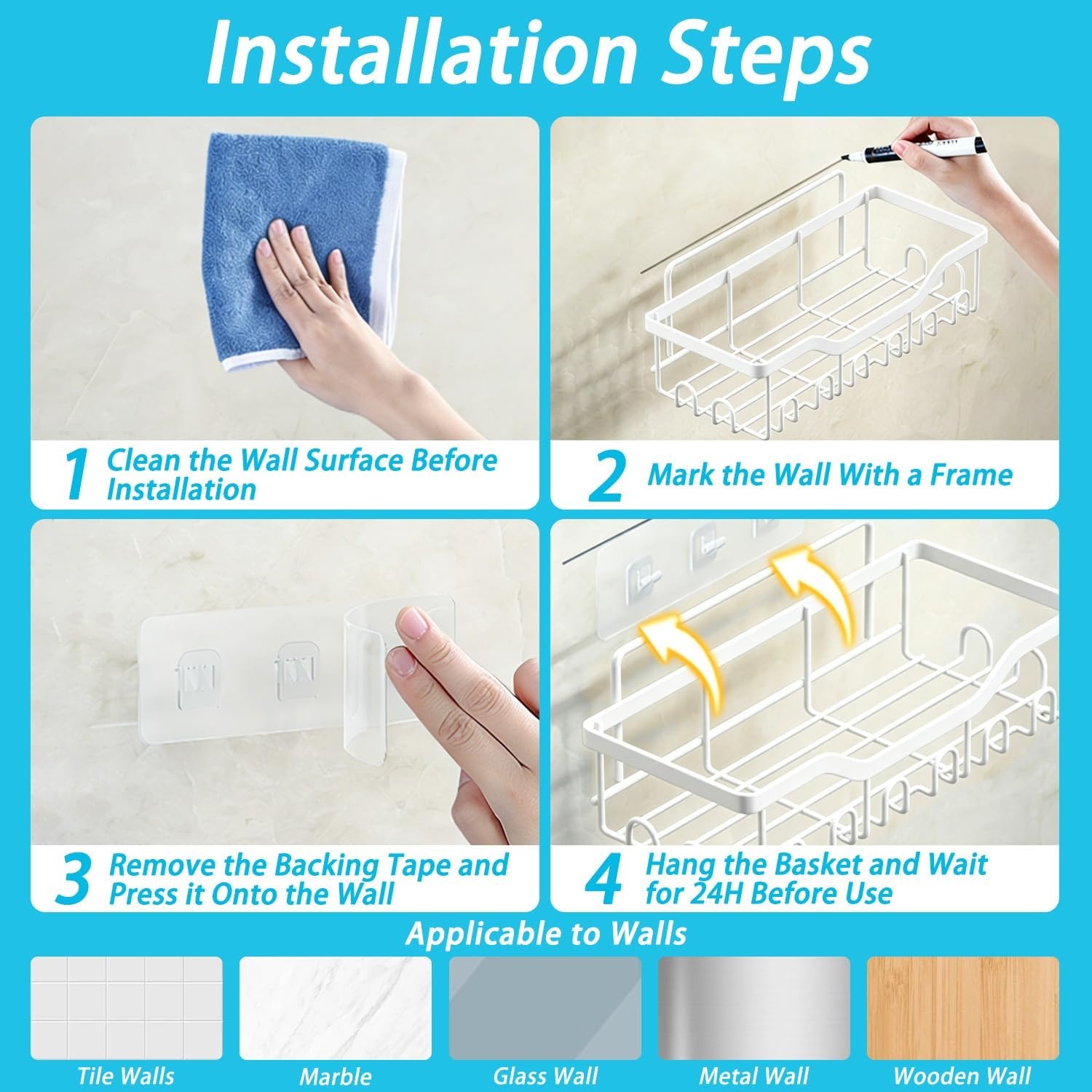image:imageFammart Adhesive Shower Caddy 5Pack Rustproof Stainless Steel Bathroom Organizer with 28 Hooks NoDrill Large Capacity Shower Shelves for Bathroom Storage amp Home Dcor Black5Pack Stainless Steel White
