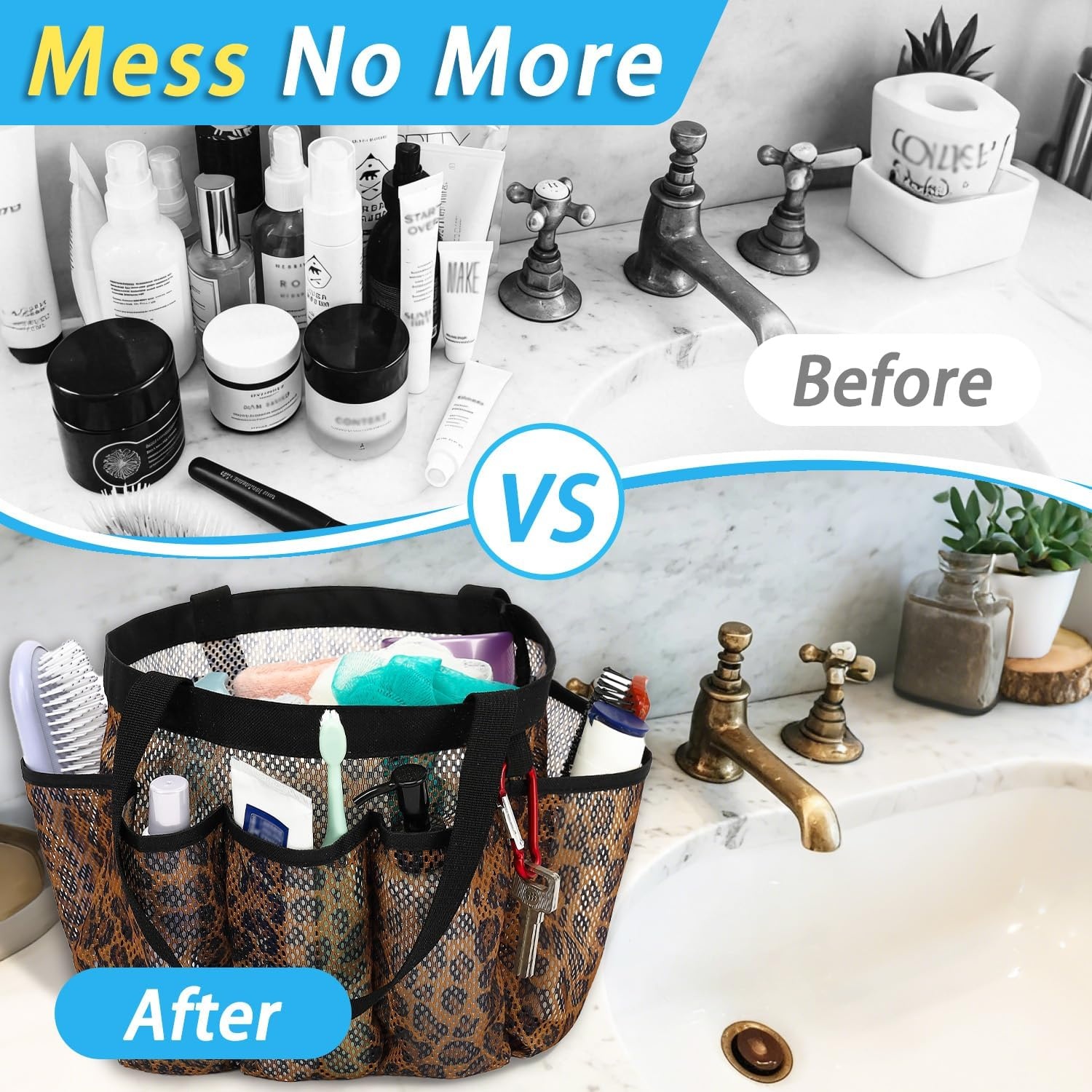 image:imageFammart Adhesive Shower Caddy 5Pack Rustproof Stainless Steel Bathroom Organizer with 28 Hooks NoDrill Large Capacity Shower Shelves for Bathroom Storage amp Home Dcor BlackMultiple Pockets Leopard