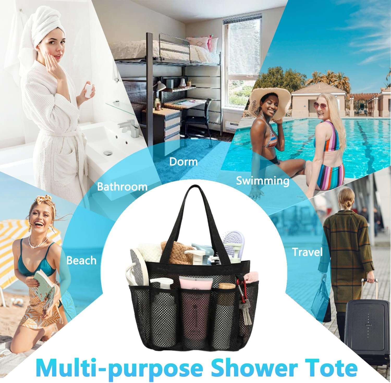 image:imageFammart Adhesive Shower Caddy 5Pack Rustproof Stainless Steel Bathroom Organizer with 28 Hooks NoDrill Large Capacity Shower Shelves for Bathroom Storage amp Home Dcor BlackMultiple Pockets Black