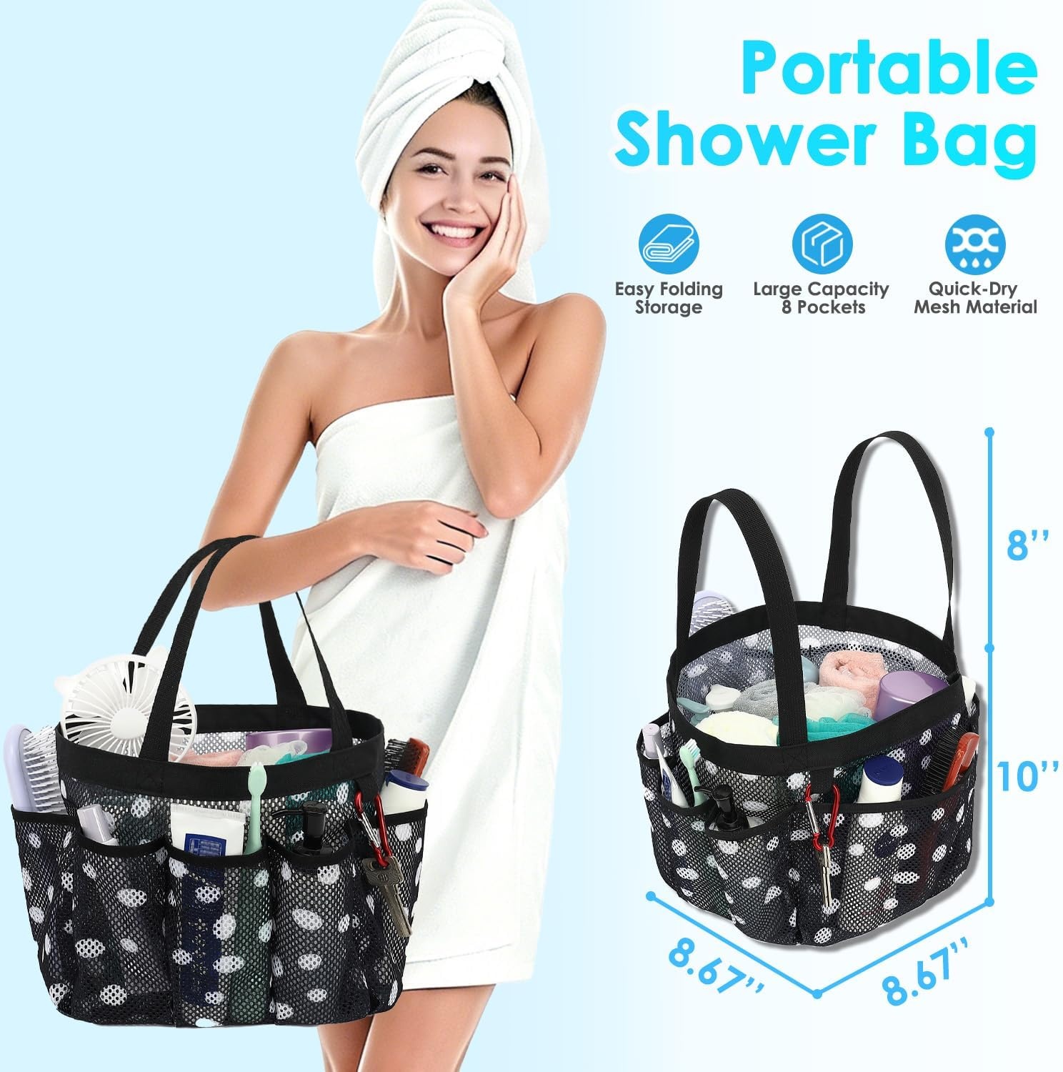 image:imageFammart Adhesive Shower Caddy 5Pack Rustproof Stainless Steel Bathroom Organizer with 28 Hooks NoDrill Large Capacity Shower Shelves for Bathroom Storage amp Home Dcor BlackMultiple Pockets Polka Dots