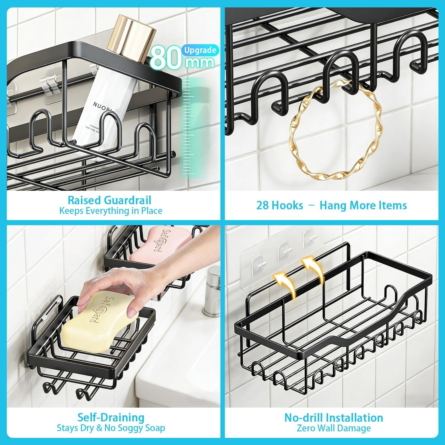image:imageFammart Adhesive Shower Caddy 5Pack Rustproof Stainless Steel Bathroom Organizer with 28 Hooks NoDrill Large Capacity Shower Shelves for Bathroom Storage amp Home Dcor Black5Pack Stainless Steel Black