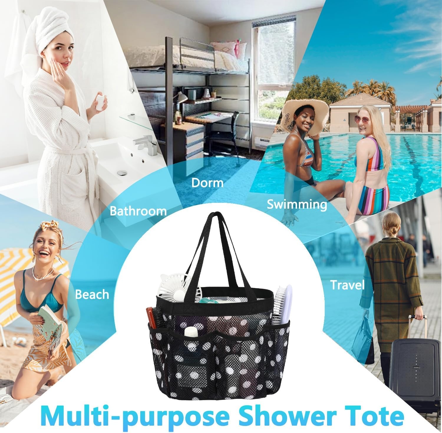 image:imageFammart Adhesive Shower Caddy 5Pack Rustproof Stainless Steel Bathroom Organizer with 28 Hooks NoDrill Large Capacity Shower Shelves for Bathroom Storage amp Home Dcor BlackMultiple Pockets Polka Dots