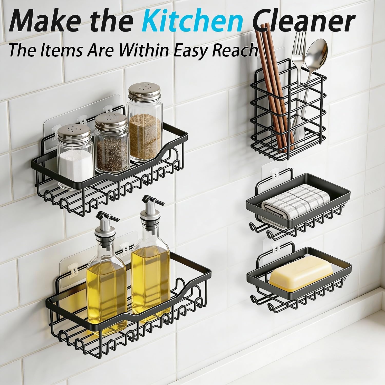 image:imageFammart Adhesive Shower Caddy 5Pack Rustproof Stainless Steel Bathroom Organizer with 28 Hooks NoDrill Large Capacity Shower Shelves for Bathroom Storage amp Home Dcor Black5Pack Stainless Steel Black
