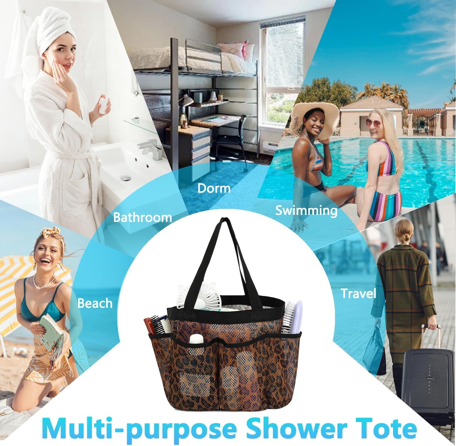 image:imageFammart Adhesive Shower Caddy 5Pack Rustproof Stainless Steel Bathroom Organizer with 28 Hooks NoDrill Large Capacity Shower Shelves for Bathroom Storage amp Home Dcor BlackMultiple Pockets Leopard