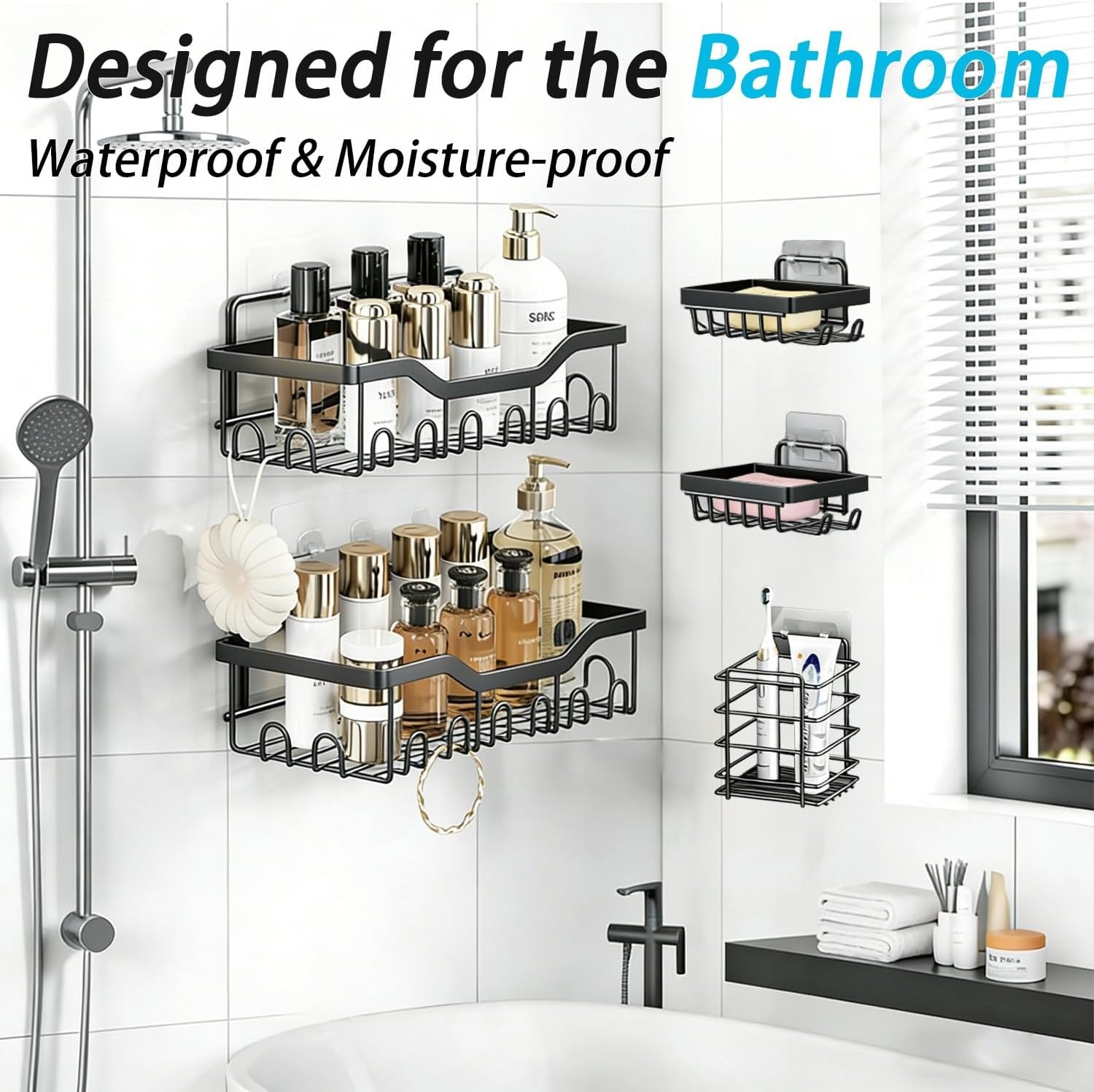 image:imageFammart Adhesive Shower Caddy 5Pack Rustproof Stainless Steel Bathroom Organizer with 28 Hooks NoDrill Large Capacity Shower Shelves for Bathroom Storage amp Home Dcor Black5Pack Stainless Steel Black