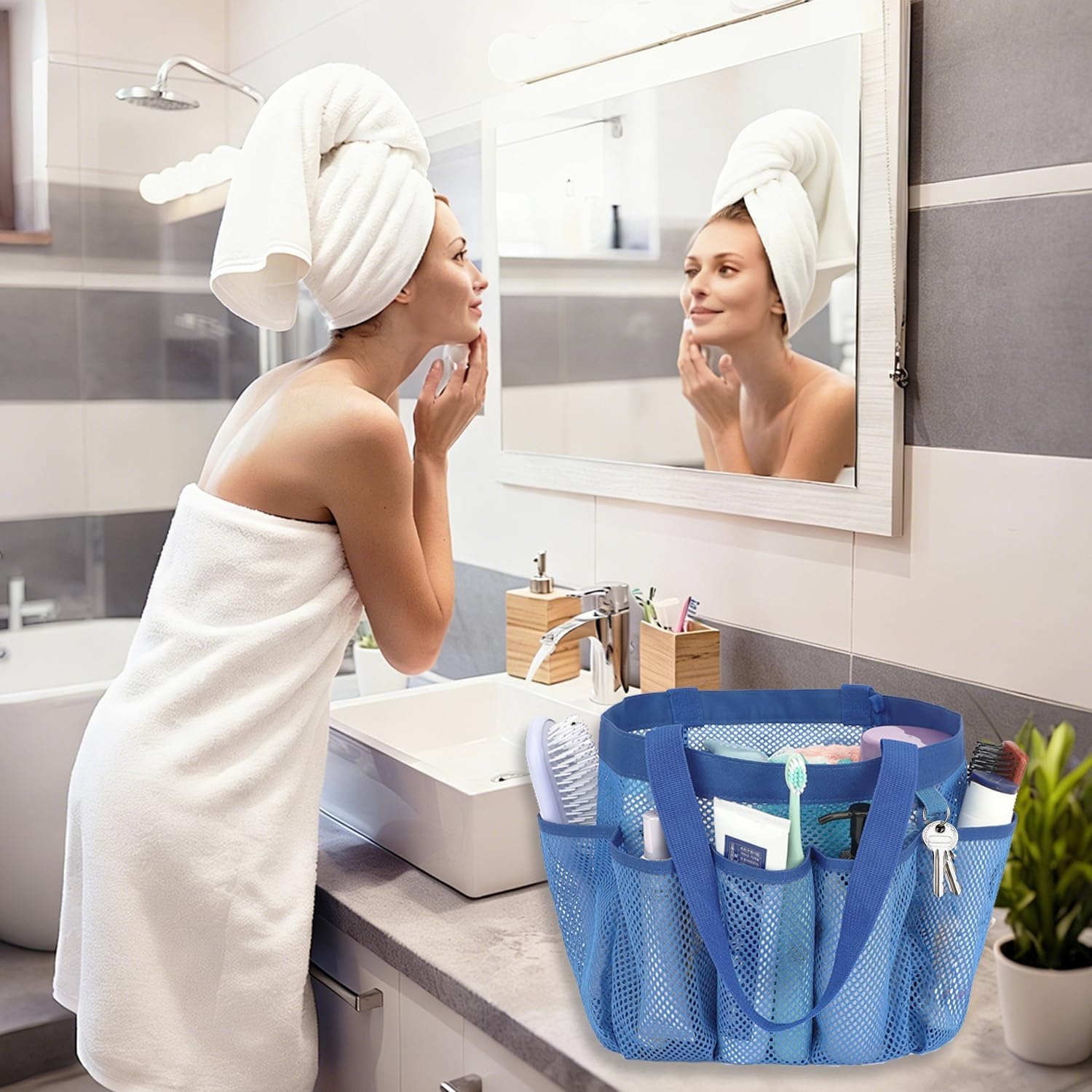 image:imageFammart Adhesive Shower Caddy 5Pack Rustproof Stainless Steel Bathroom Organizer with 28 Hooks NoDrill Large Capacity Shower Shelves for Bathroom Storage amp Home Dcor BlackMultiple Pockets Blue