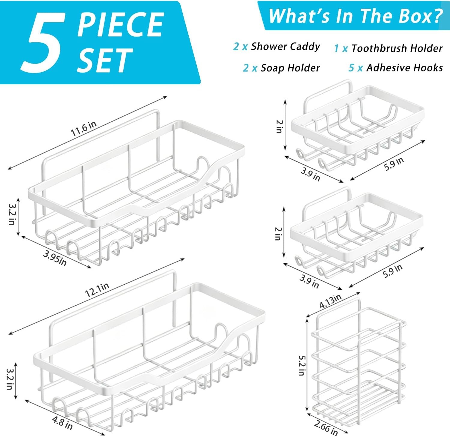 image:imageFammart Adhesive Shower Caddy 5Pack Rustproof Stainless Steel Bathroom Organizer with 28 Hooks NoDrill Large Capacity Shower Shelves for Bathroom Storage amp Home Dcor Black5Pack Stainless Steel White